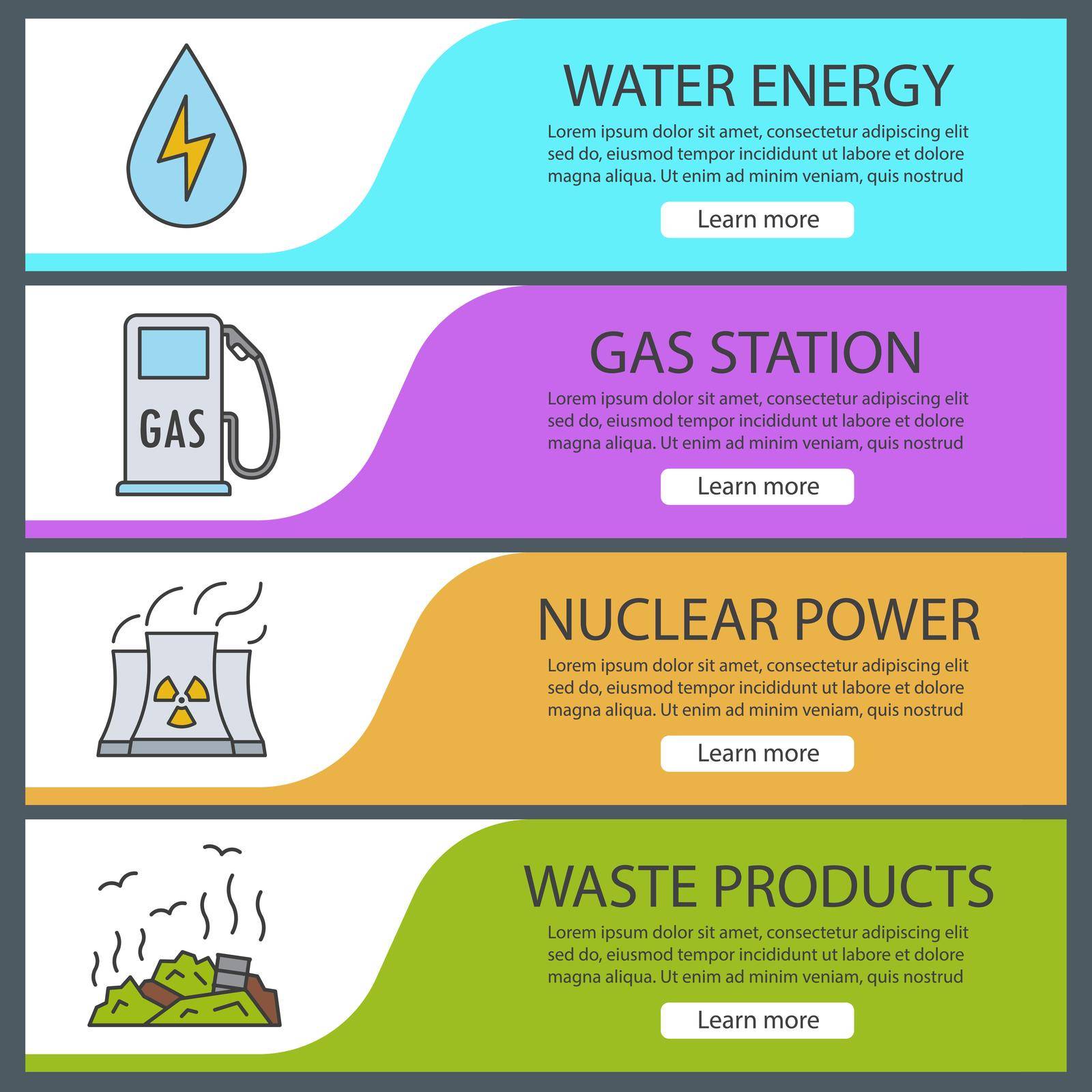 Environment pollution banner templates set. Easy to edit. Water energy, gas station, nuclear power plant, rubbish dump. Website menu items. Color web banner. Vector headers design concepts