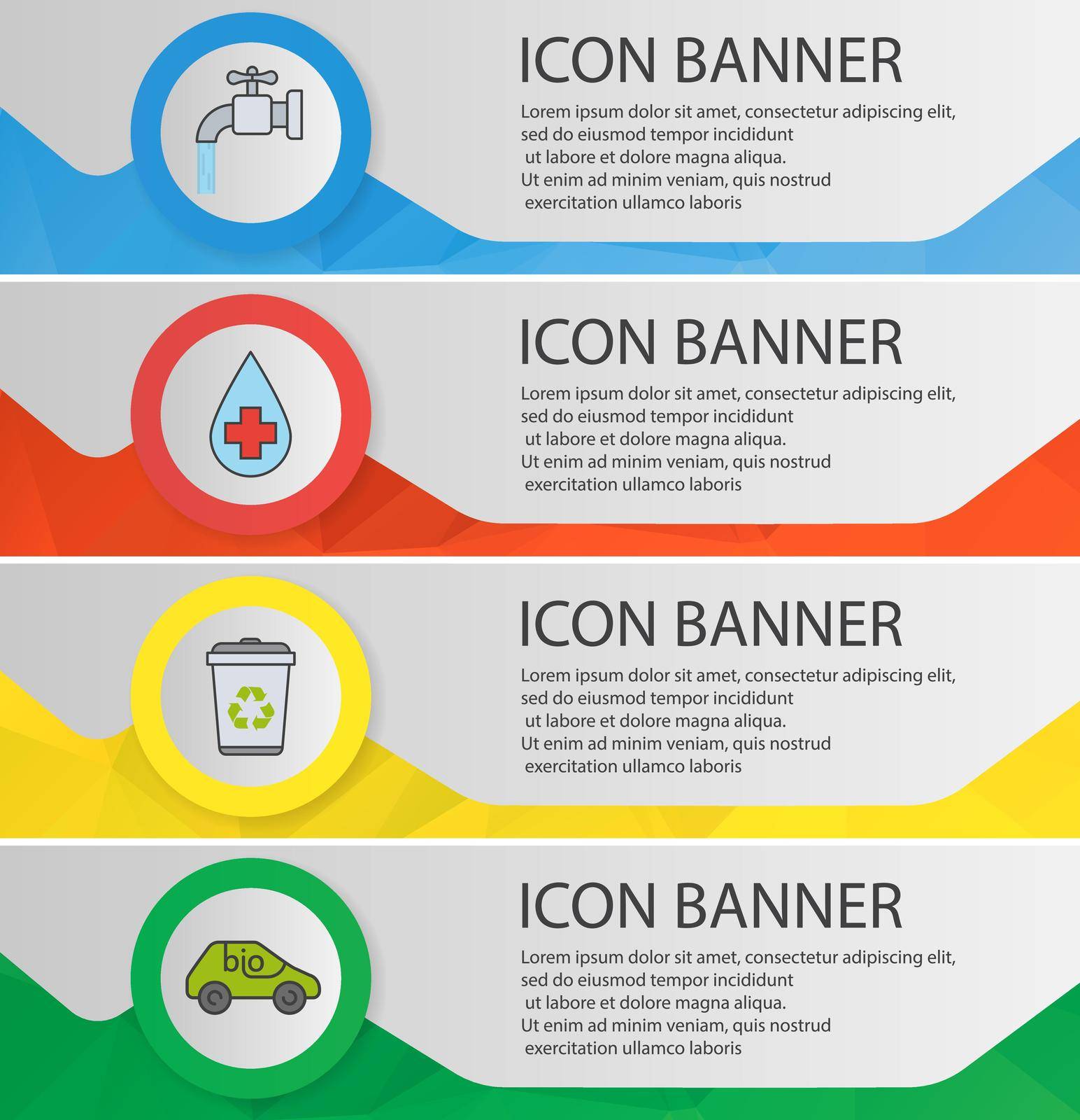 Ecology banner templates set. Easy to edit. Bio car, recycle bin, faucet, pure water website menu items. Color polygonal web banner concepts. Vector backgrounds
