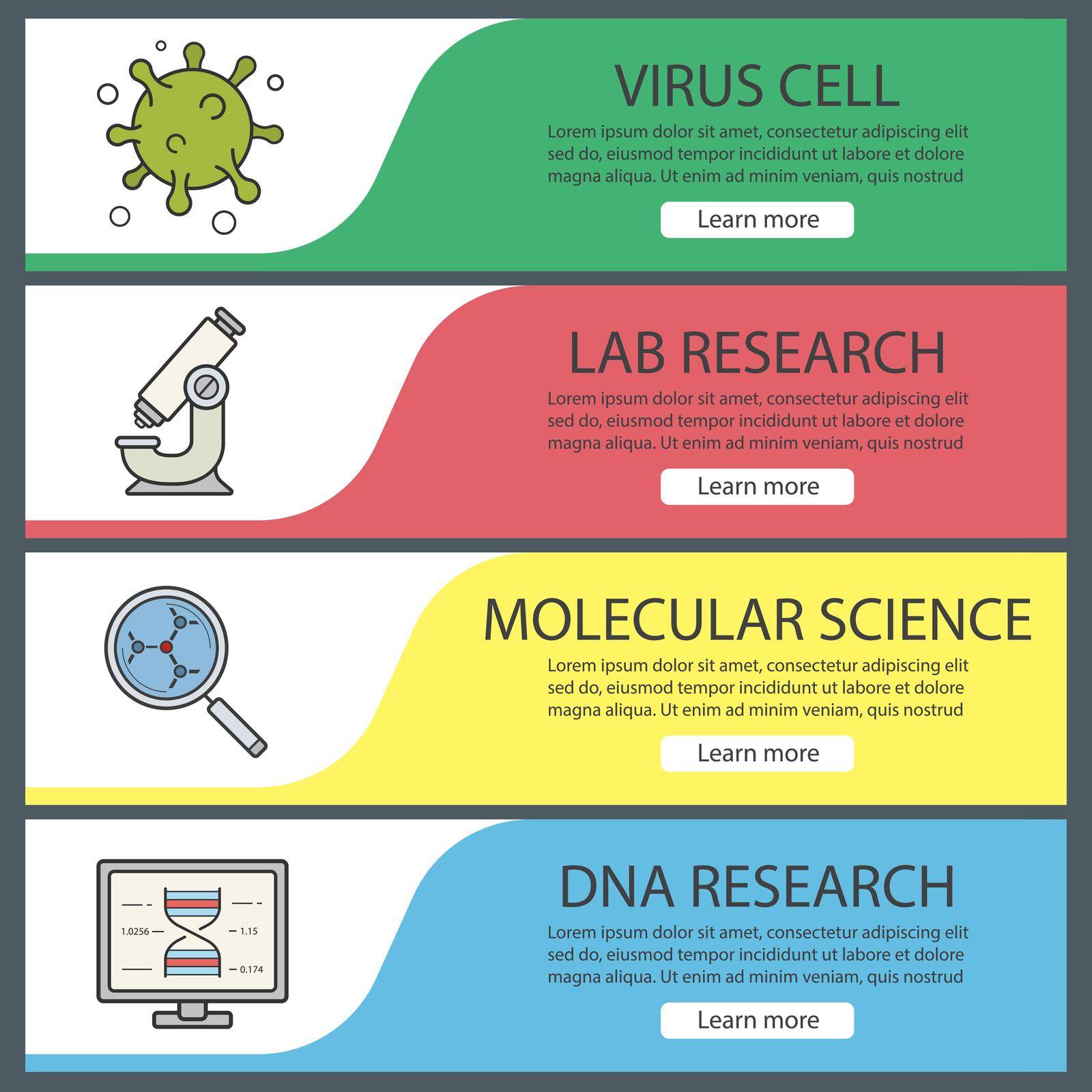 Chemical laboratory banner templates set. Easy to edit. Virus cell, molecular science and analysis, microscope, lab research. Website menu items. Color web banner. Vector headers design concepts