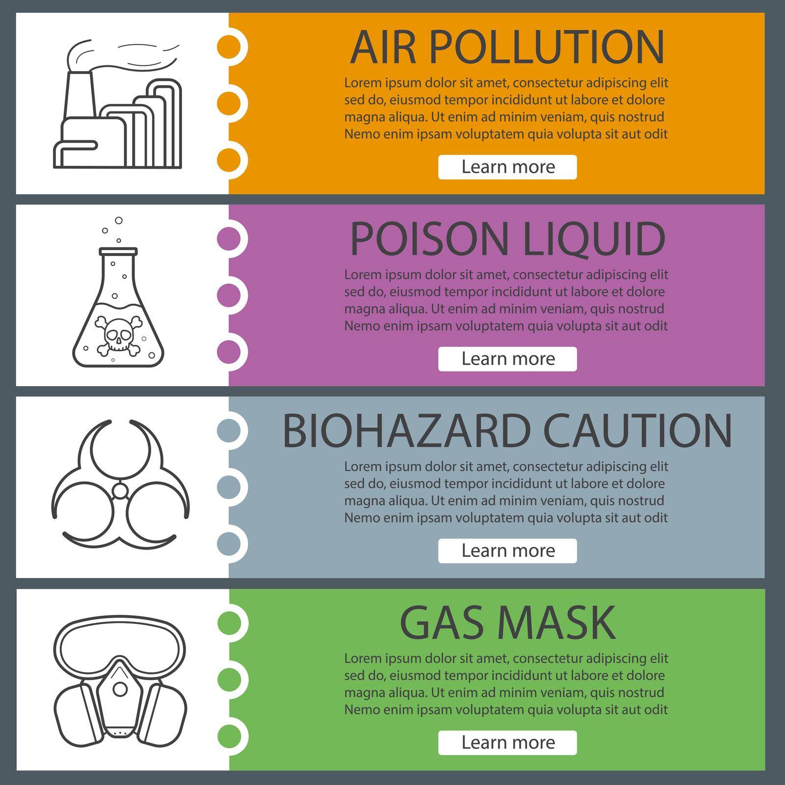 Industrial pollution banner templates set. Easy to edit. Factory with smoke, poison liquid, biohazard symbol, gas mask. Website menu items. Color web banner. Vector headers design concepts