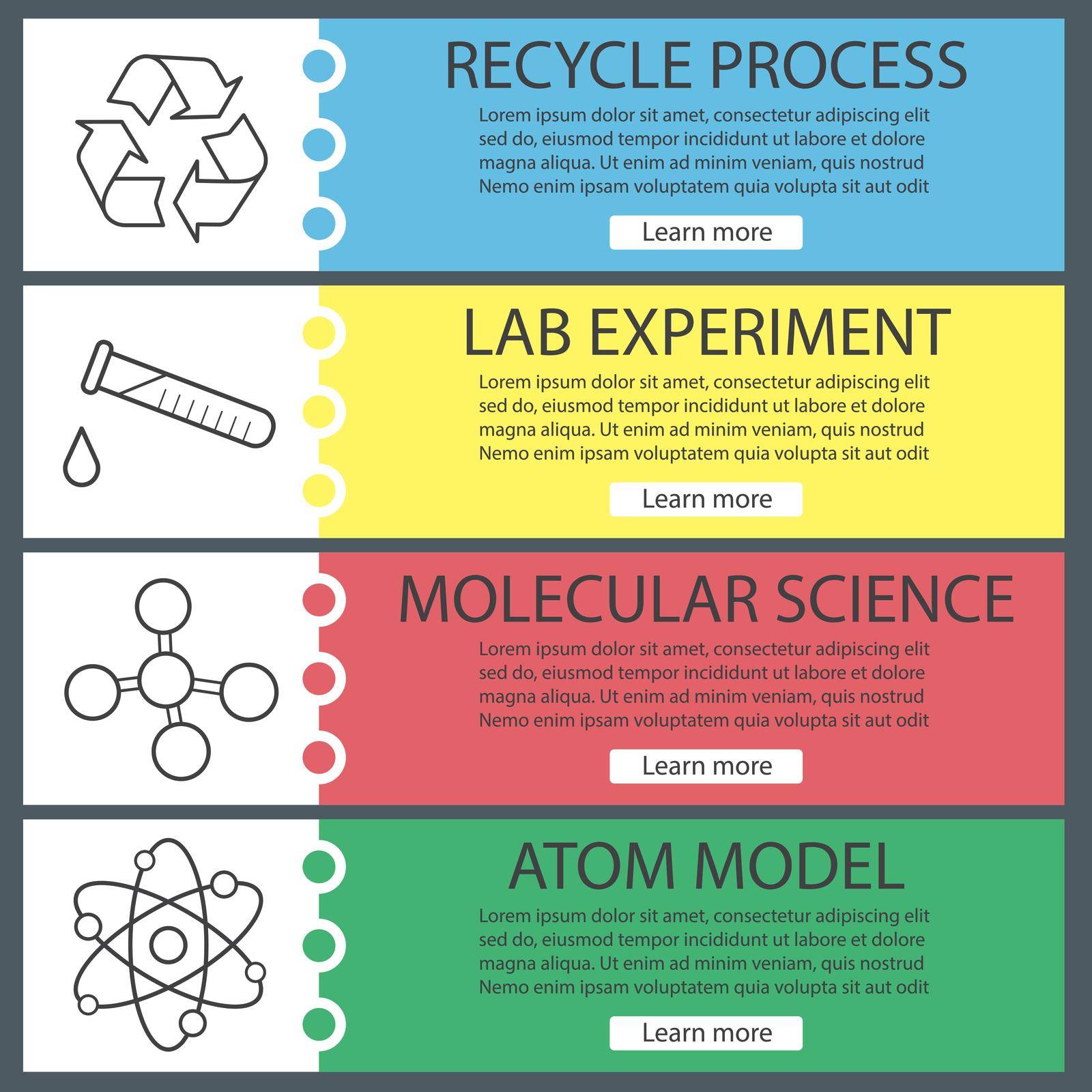 Science laboratory banner templates set. Easy to edit. Atom and molecule, recycle symbol and chemical test tube. Website menu items with linear icons. Color web banner. Vector headers design concepts