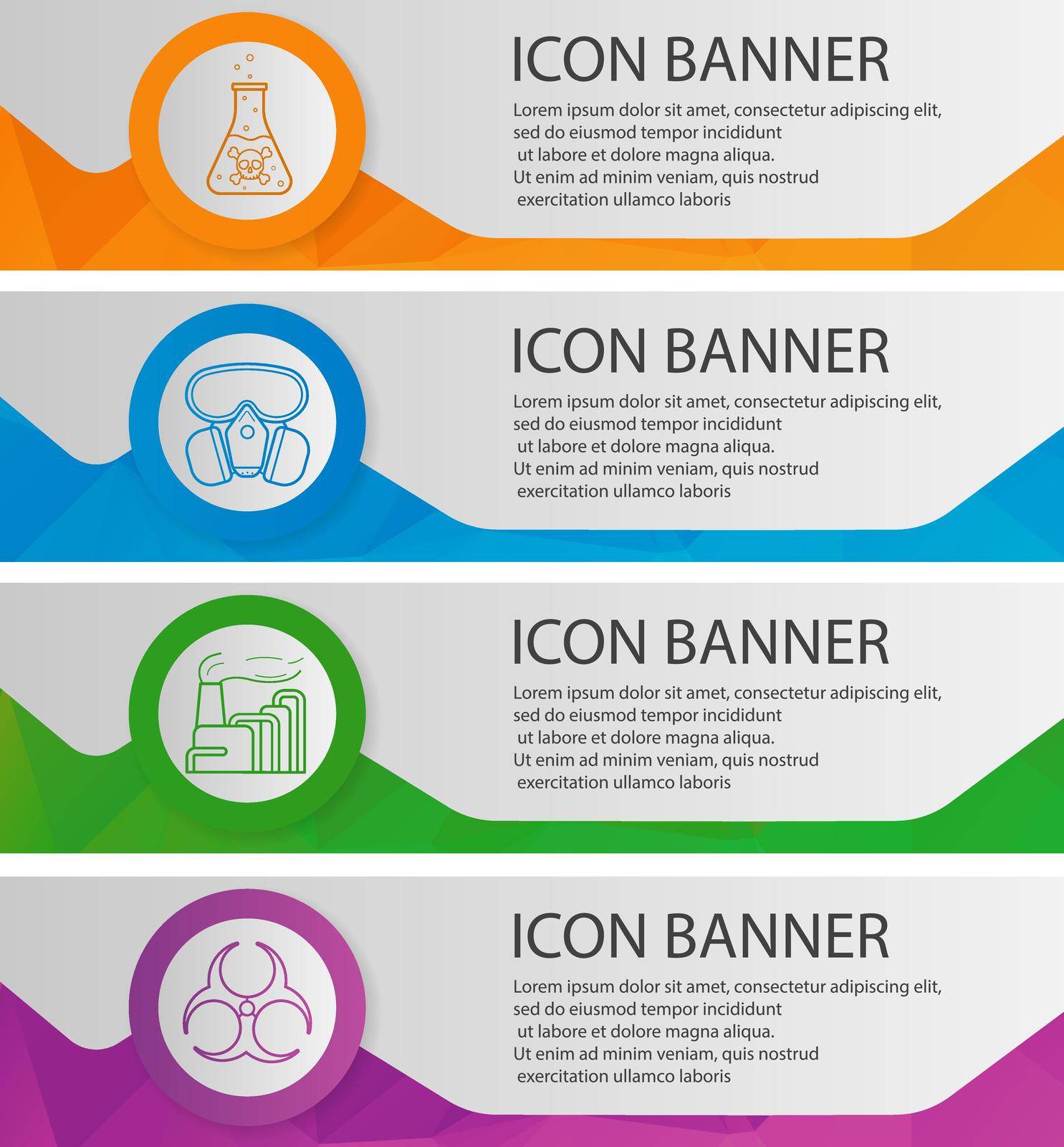 Industrial pollution banner templates set. Easy to edit. Factory, poison, biohazard symbol, gas mask. Website menu items with linear icons. Color polygonal web banner concepts. Vector backgrounds