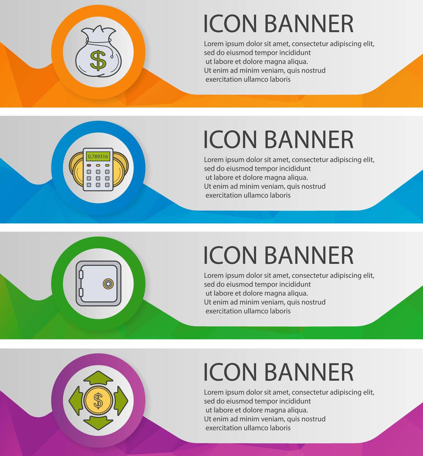 Banking and finance banner templates set. Easy to edit. Money bag, income calculation and spending, safe deposit box. Website menu items. Color polygonal web banner concepts. Vector backgrounds