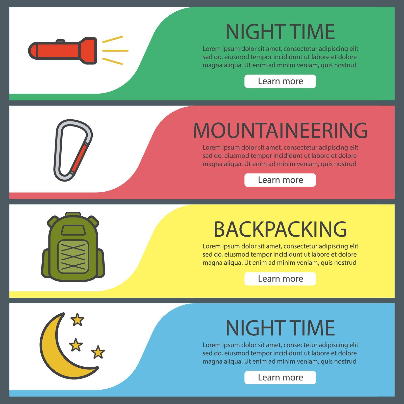 Hiking and mountaineering banner templates set. Easy to edit. Flashlight, carabiner, tourist's backpack, moon and stars. Website menu items. Color web banner. Vector headers design concepts