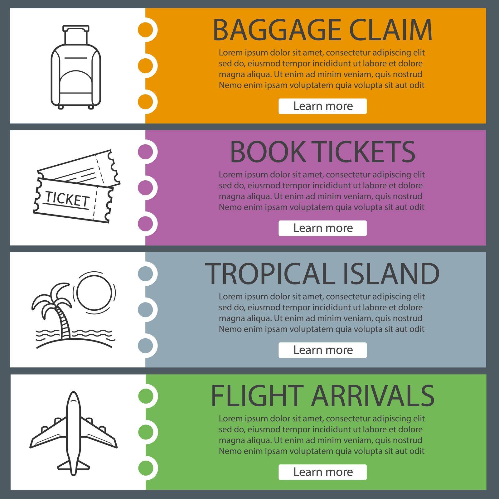 Vacation and travel banner templates set. Easy to edit. Tickets, suitcase, airplane flight, tropical island. Website menu items with linear icons. Color web banner. Vector headers design concepts