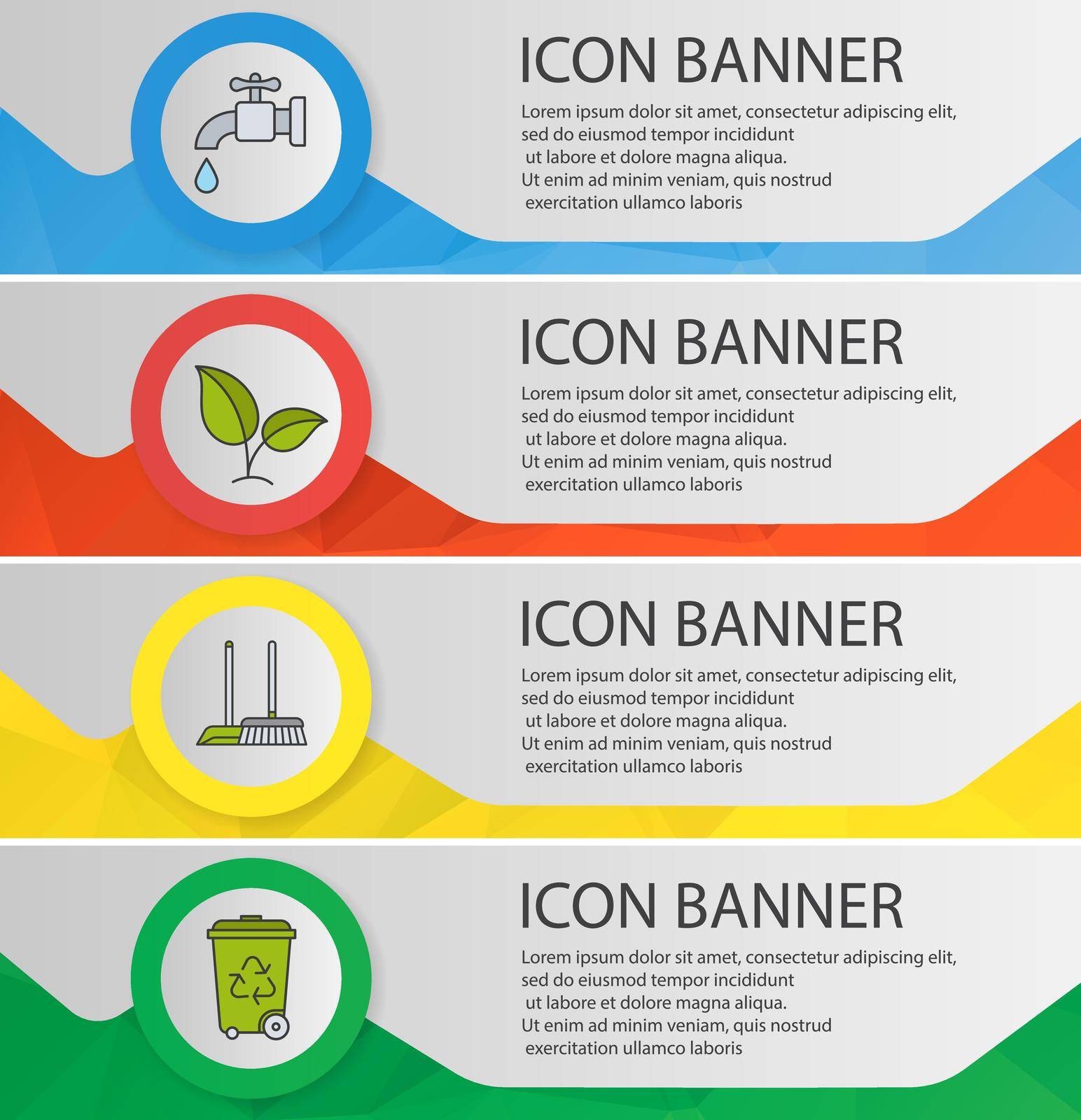 Environment protection banner templates set. Plant, water resources, cleaning and recycle service website menu items. Color polygonal web banner concepts. Vector backgrounds