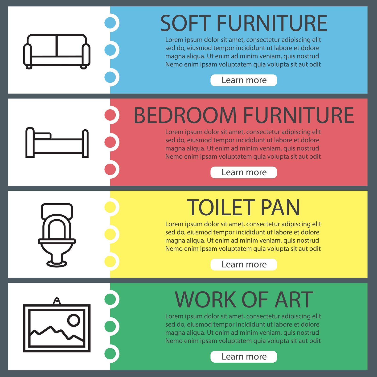 Room interior banner templates set. Furniture. Sofa, bed, toilet pan, wall picture. Website menu items with linear icons. Color web banner. Vector headers design concepts