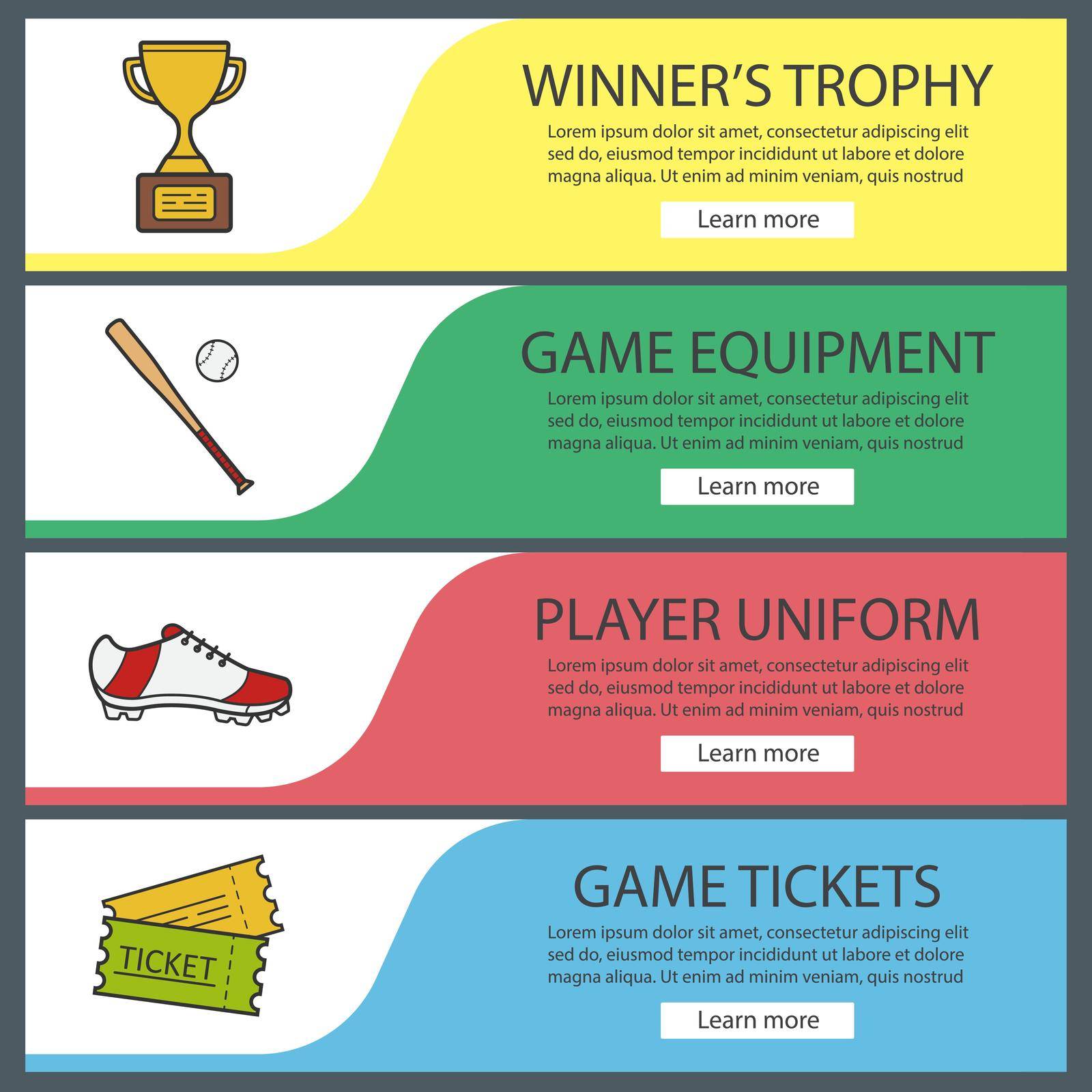 Baseball banner templates set. Softball bat and ball, winner's award, player's shoe, game tickets. Website menu items. Color web banner. Vector headers design concepts