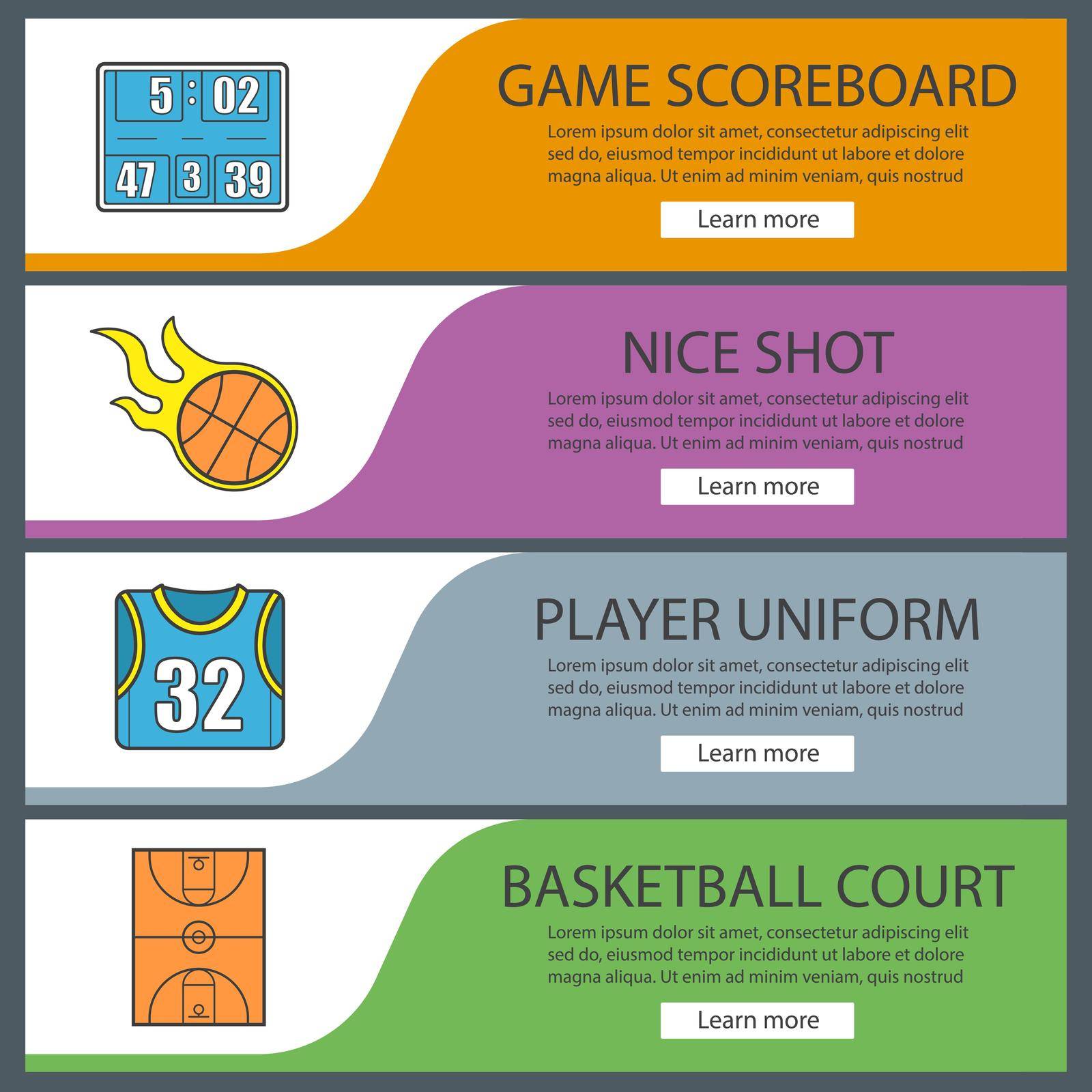 Basketball banner templates set. Game scoreboard, player uniform, burning ball, court. Website menu items. Color web banner. Vector headers design concepts