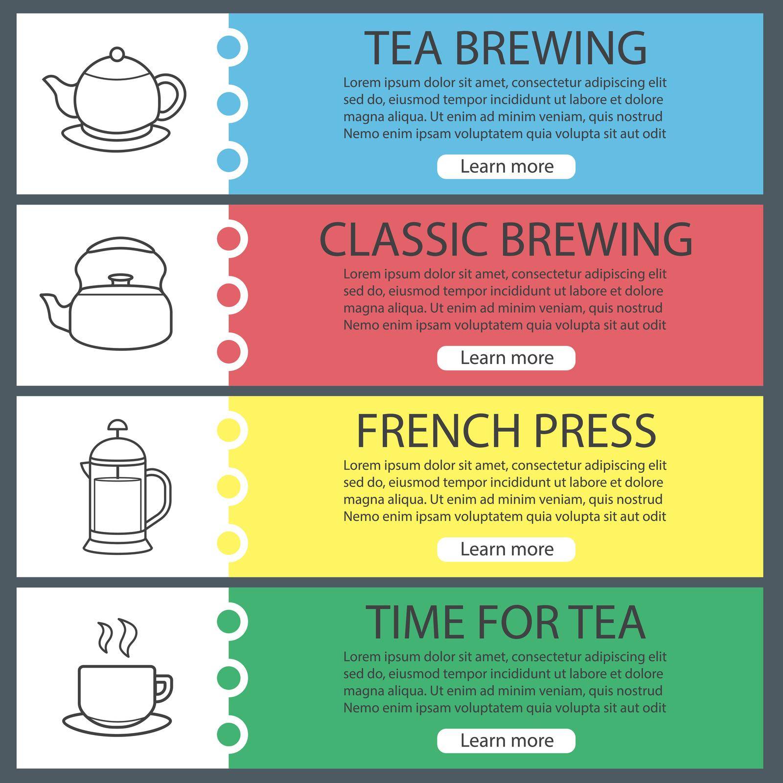 Tea brewing banner templates set. Teapot, kettle, french press, steaming tea cup on plate. Website menu items with linear icons. Color web banner. Vector headers design concepts