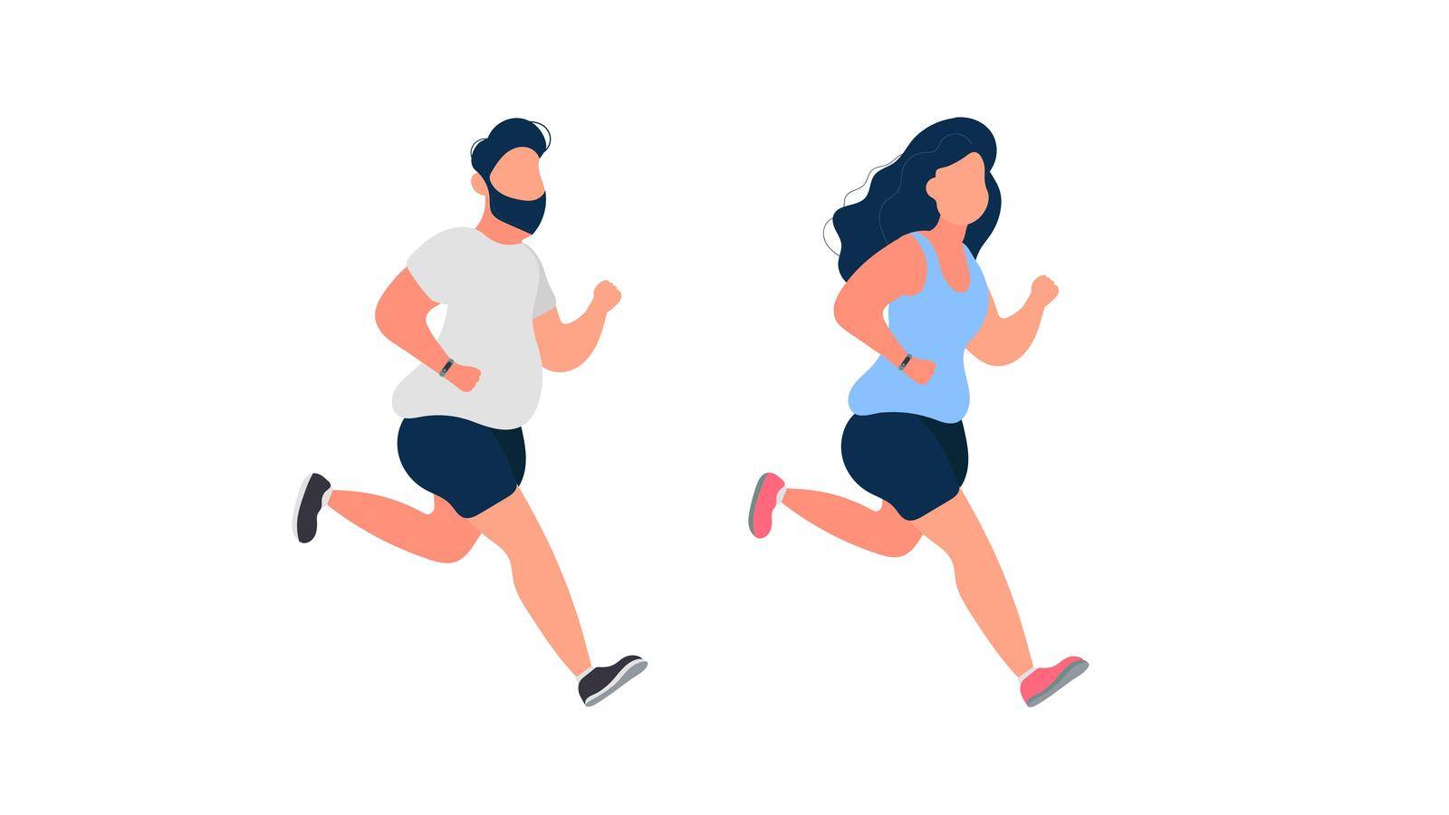 Set of running fat people. Fat man and woman are running. The concept of weight loss and a healthy lifestyle. Isolated. Vector by Javvani
