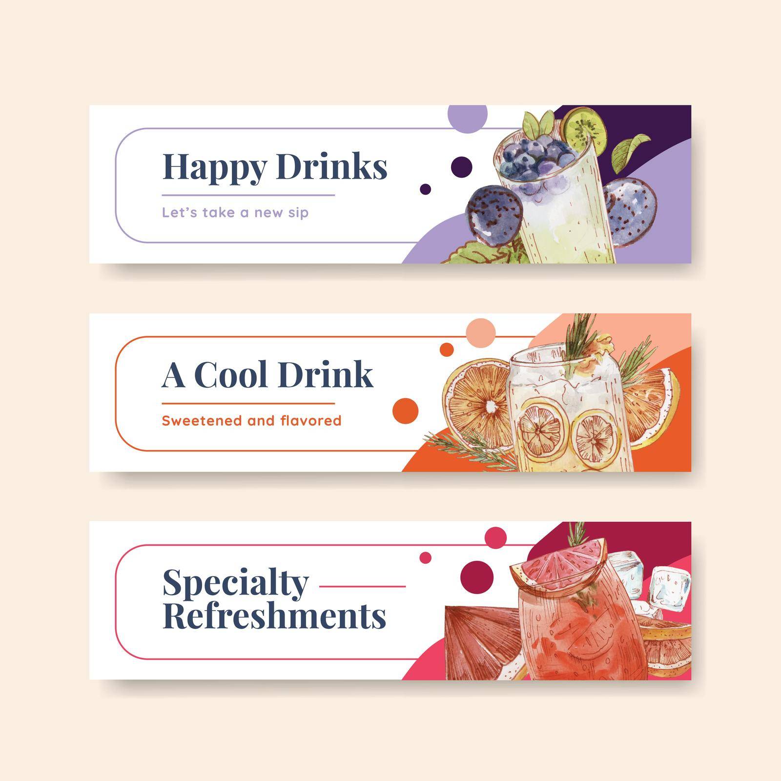 Banner template with refreshment drinks concept,watercolor style by Photographeeasia