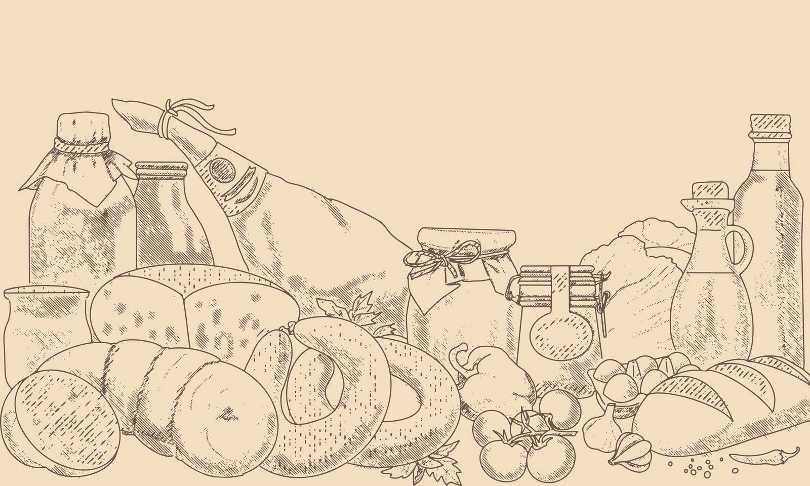 An illustration of organic food products in an engraved style. Products of the farmers market. The concept of a grocery store.