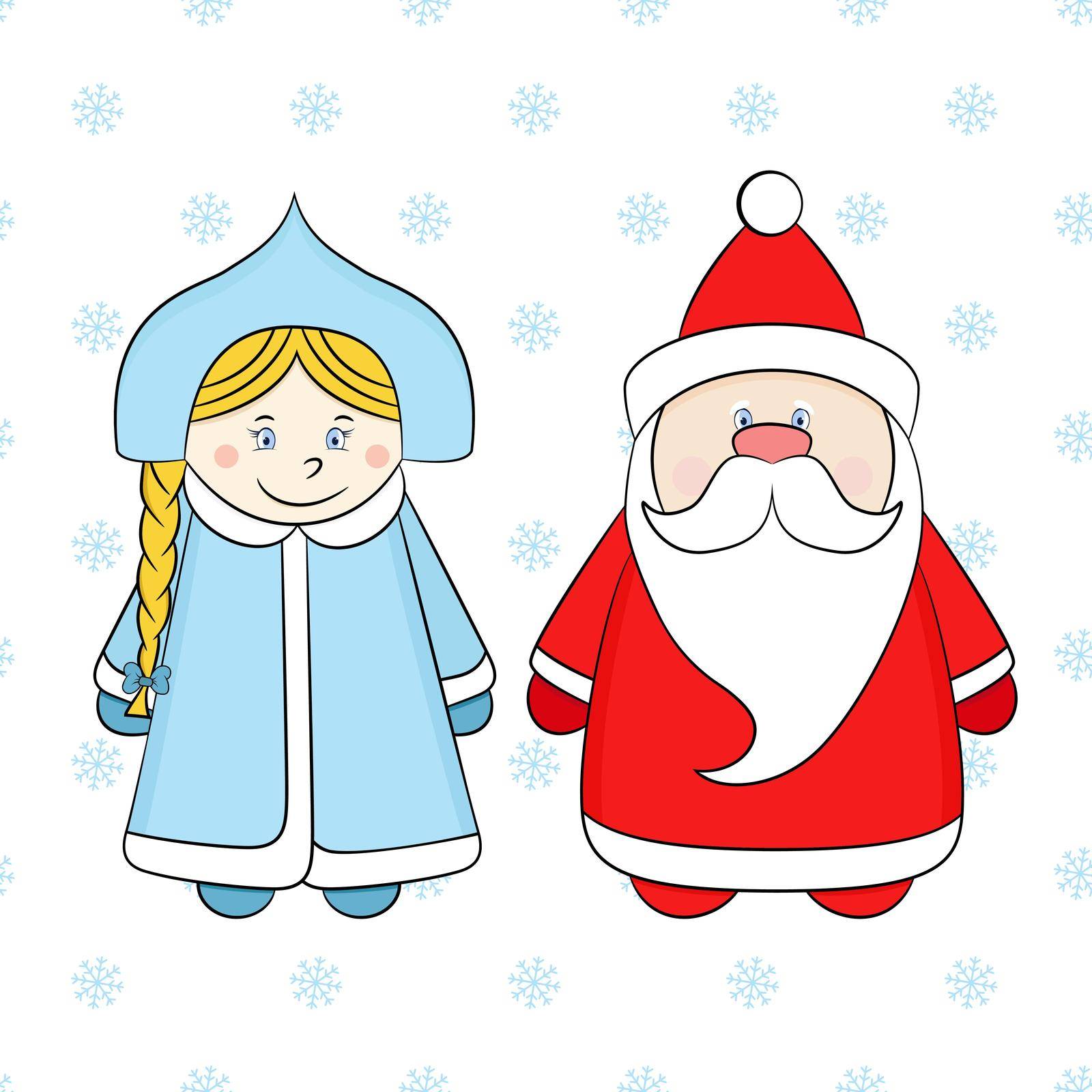 Russian Santa Claus and Snow Maiden on a white background with snowflakes. Funny New Year characters. 
