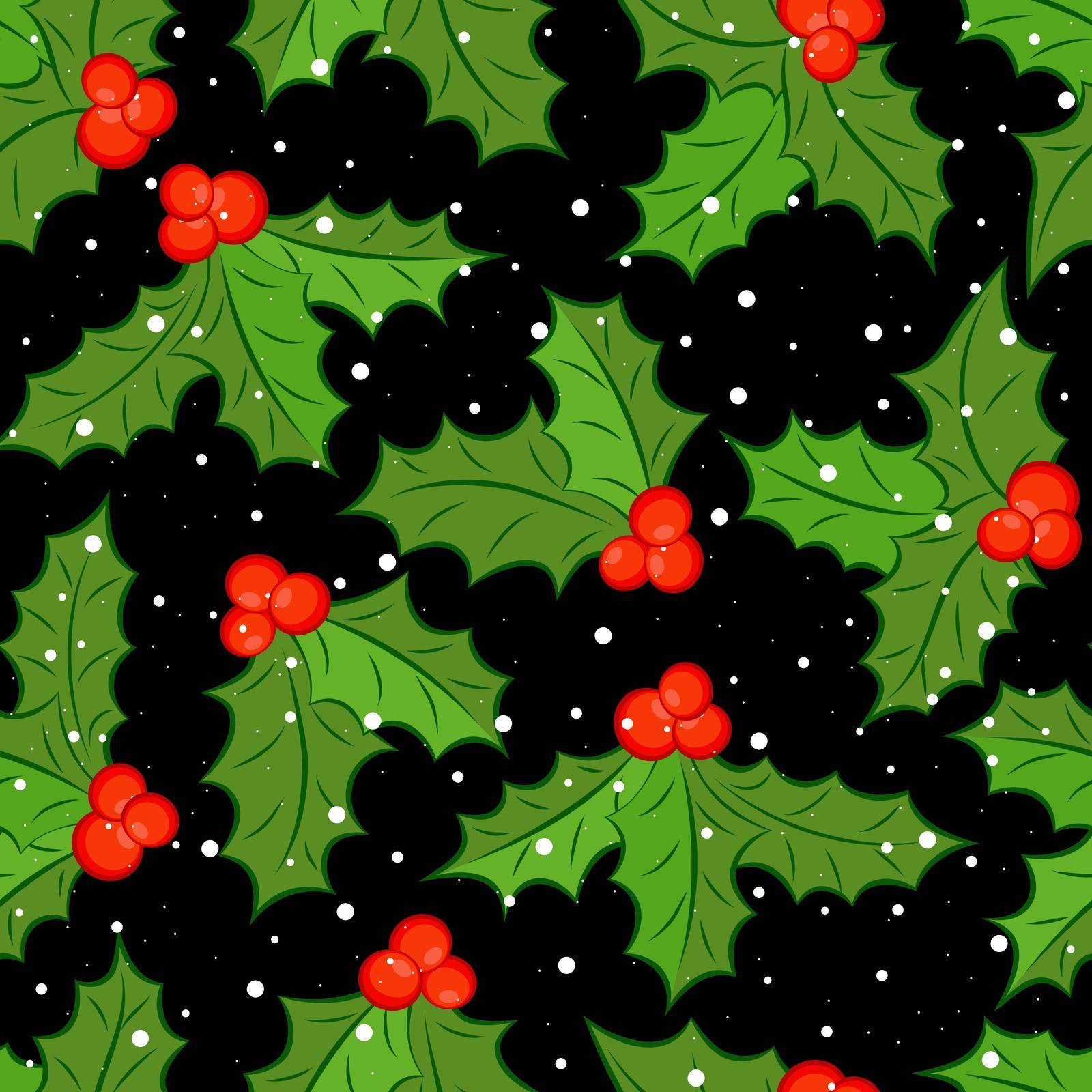 Seamless pattern on black background. Holly with red berries. Vector illustration.