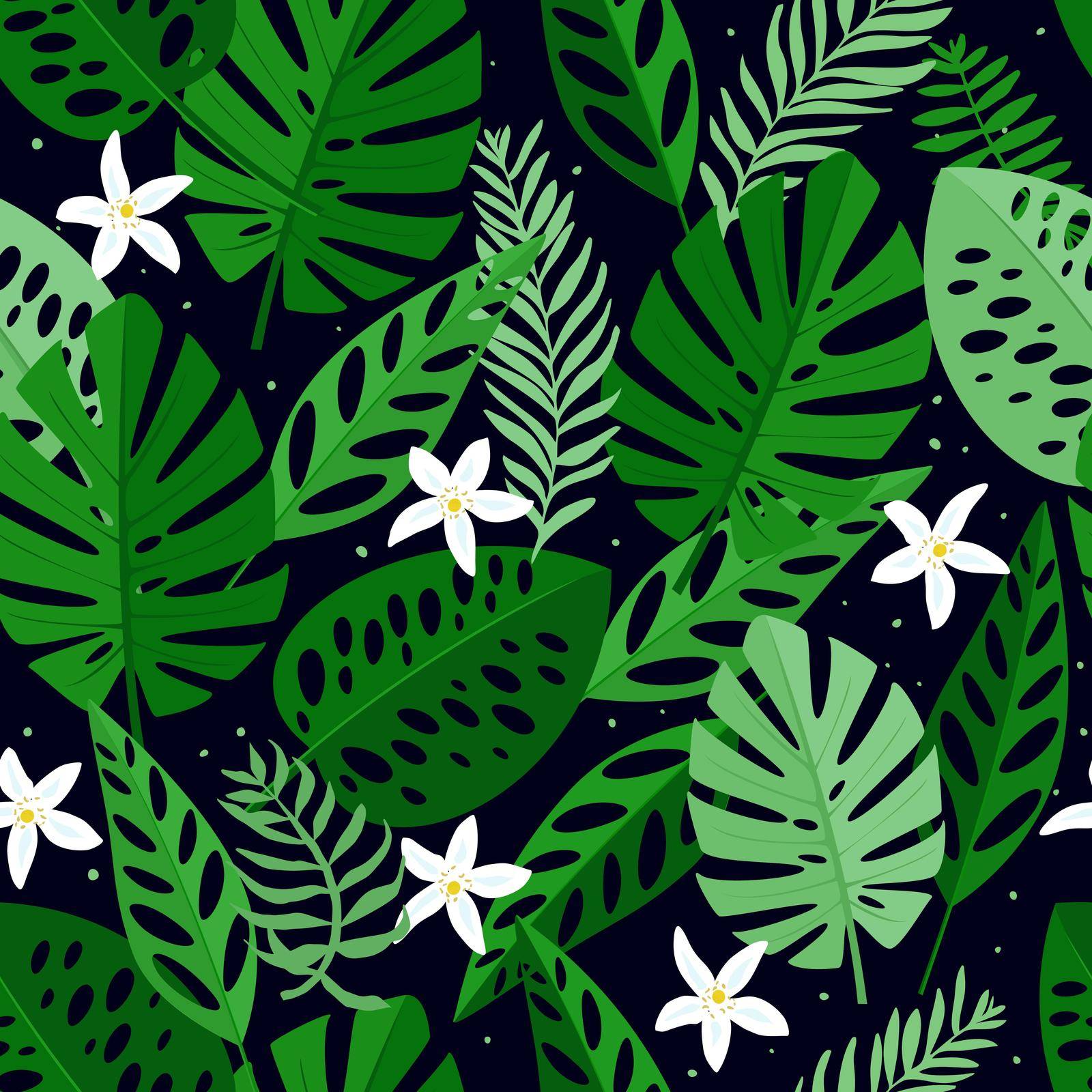Seamless pattern with white flowers and leaves. Hand drawn, vector, bright colours. Background for prints, fabric, wallpapers, wrapping paper. by barberry