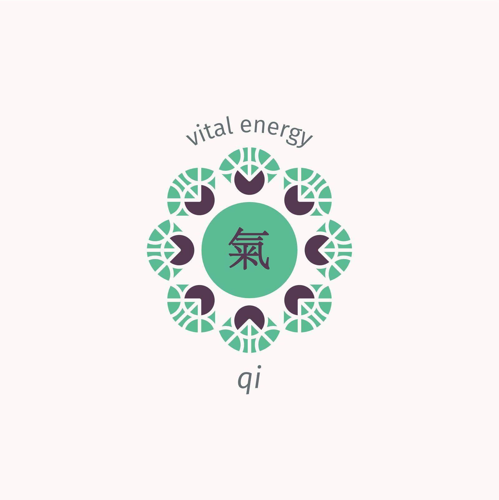 Traditional chinese hieroglyph Qi or Chi and geometric ornament. Translation from chinese - Vital Energy. Vector circular symbol