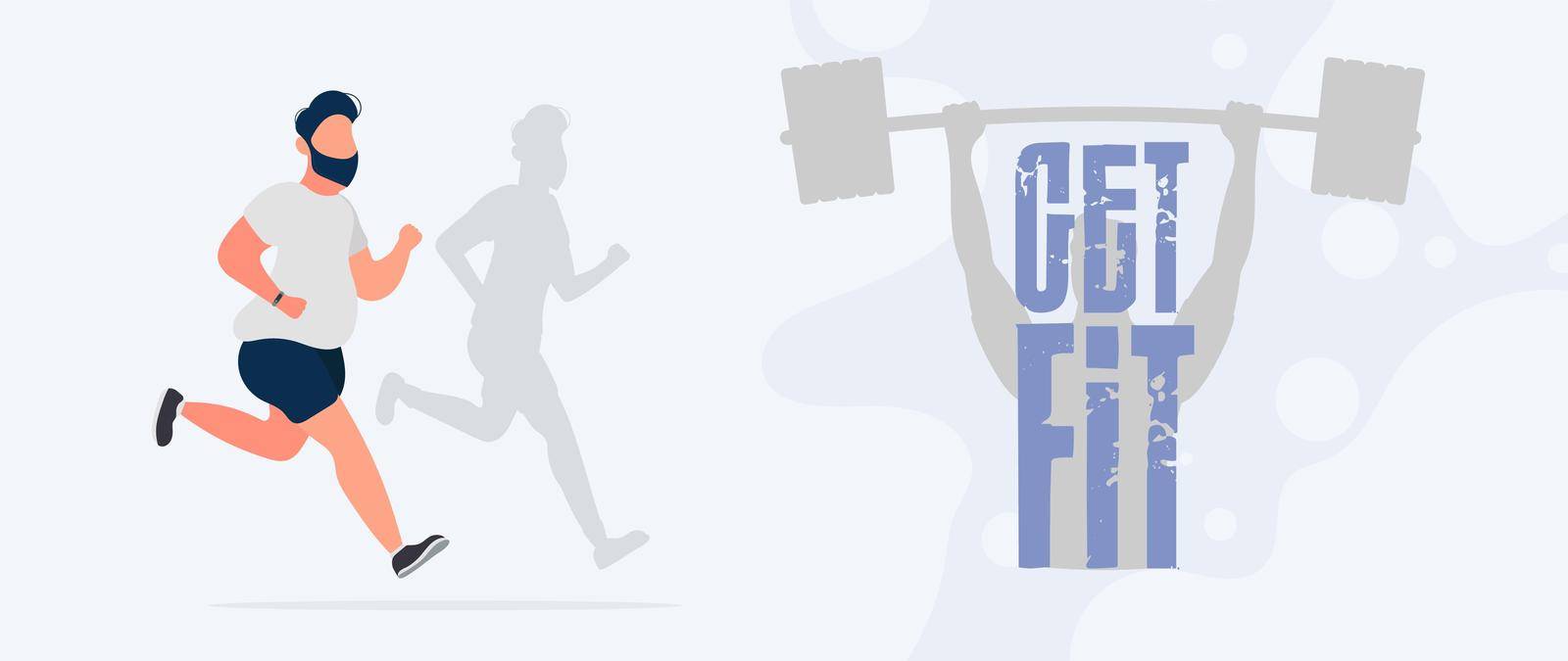 Get Fit banner. Fat man is running. The shadow of a thin man. Cardio workout, weight loss. The concept of weight loss and a healthy lifestyle. Vector. by Javvani