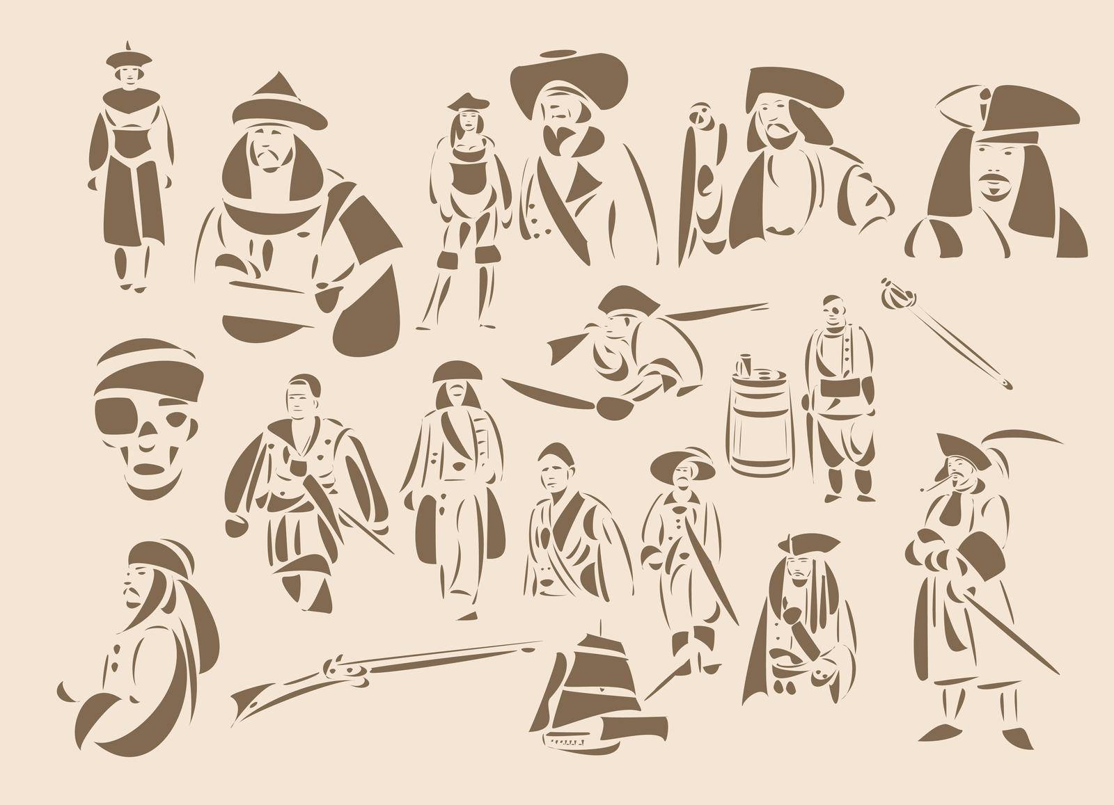 Line-art vector illustrations of pirates