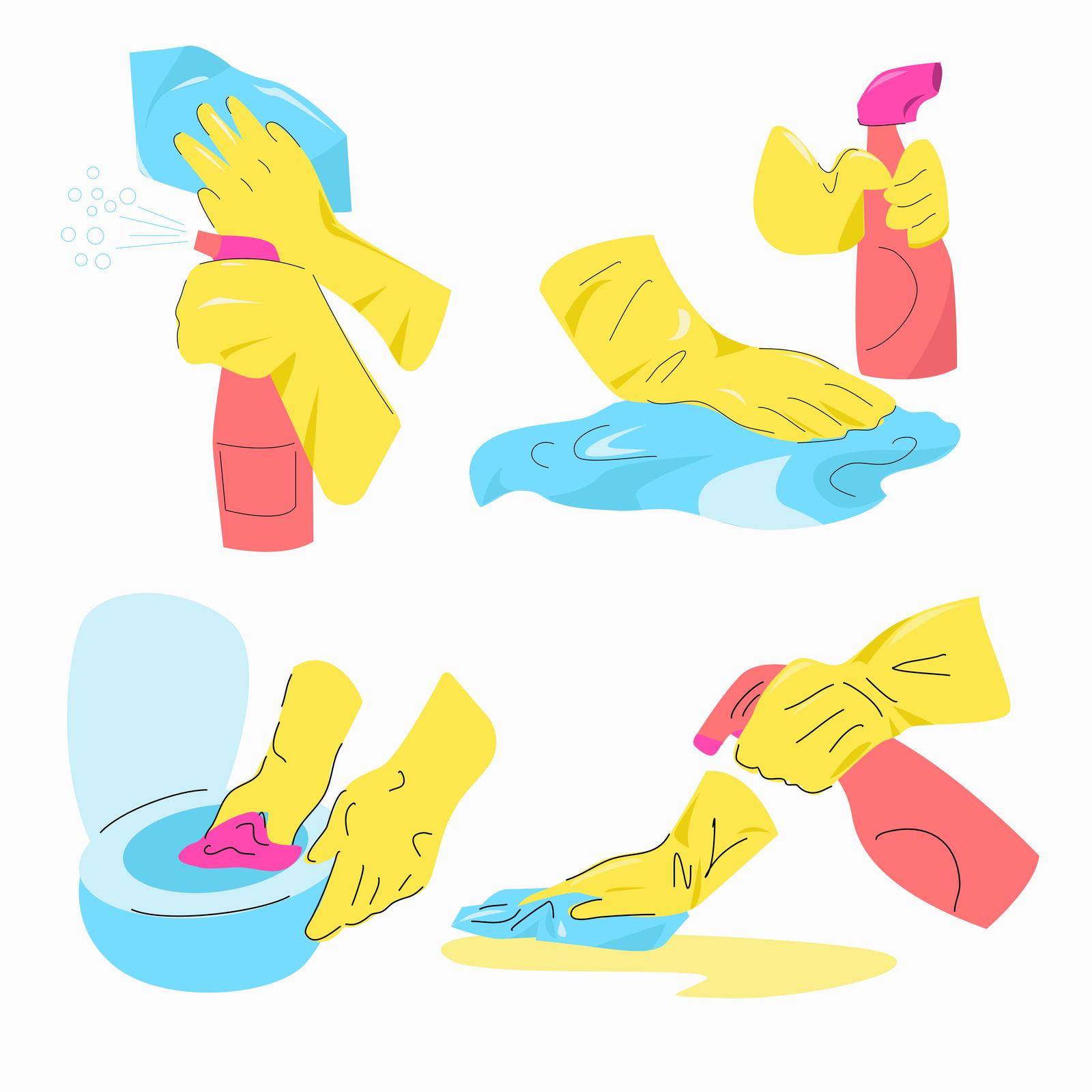 Yellow-gloved hands wash and clean various surfaces. by EvgeniyaEgorova