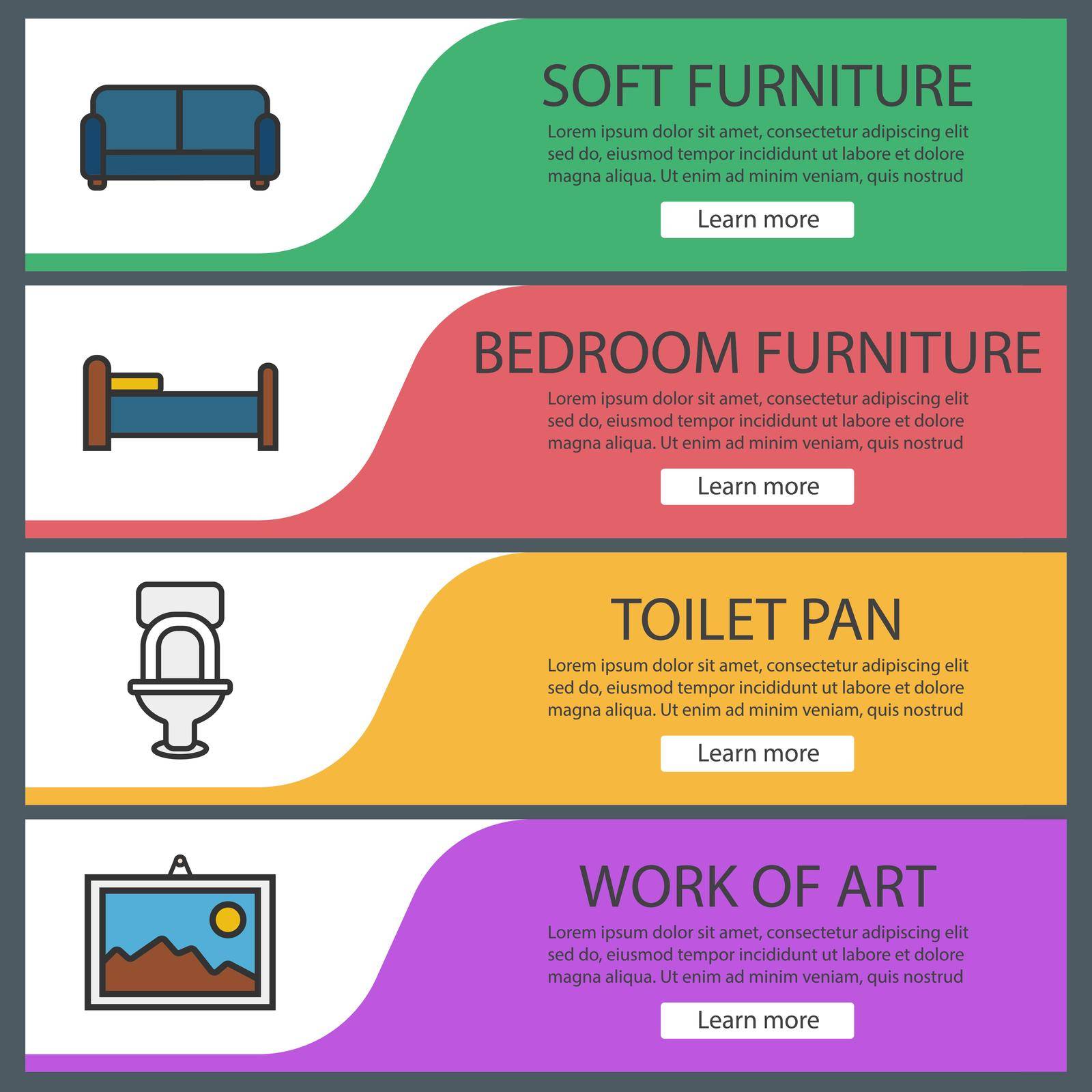 Furniture banner templates set. Sofa, toilet, bed, wall picture. Website menu items. Color web banner. Vector headers design concepts