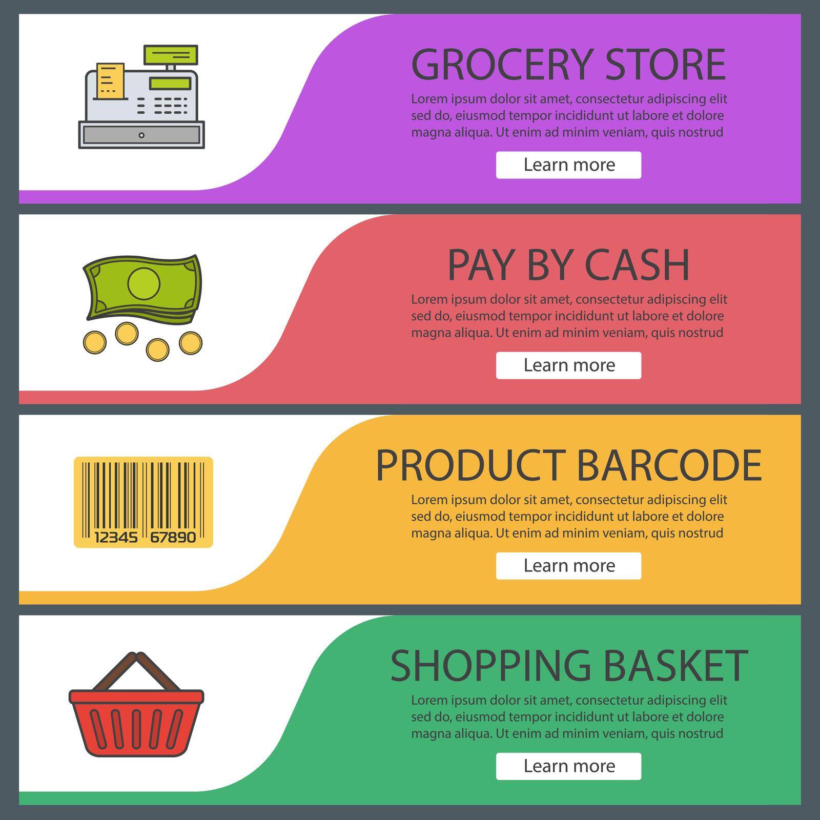 Supermarket banner templates set. Grocery store. Product barcode, cash register, shopping basket, money. Website menu items. Color web banner. Vector headers design concepts