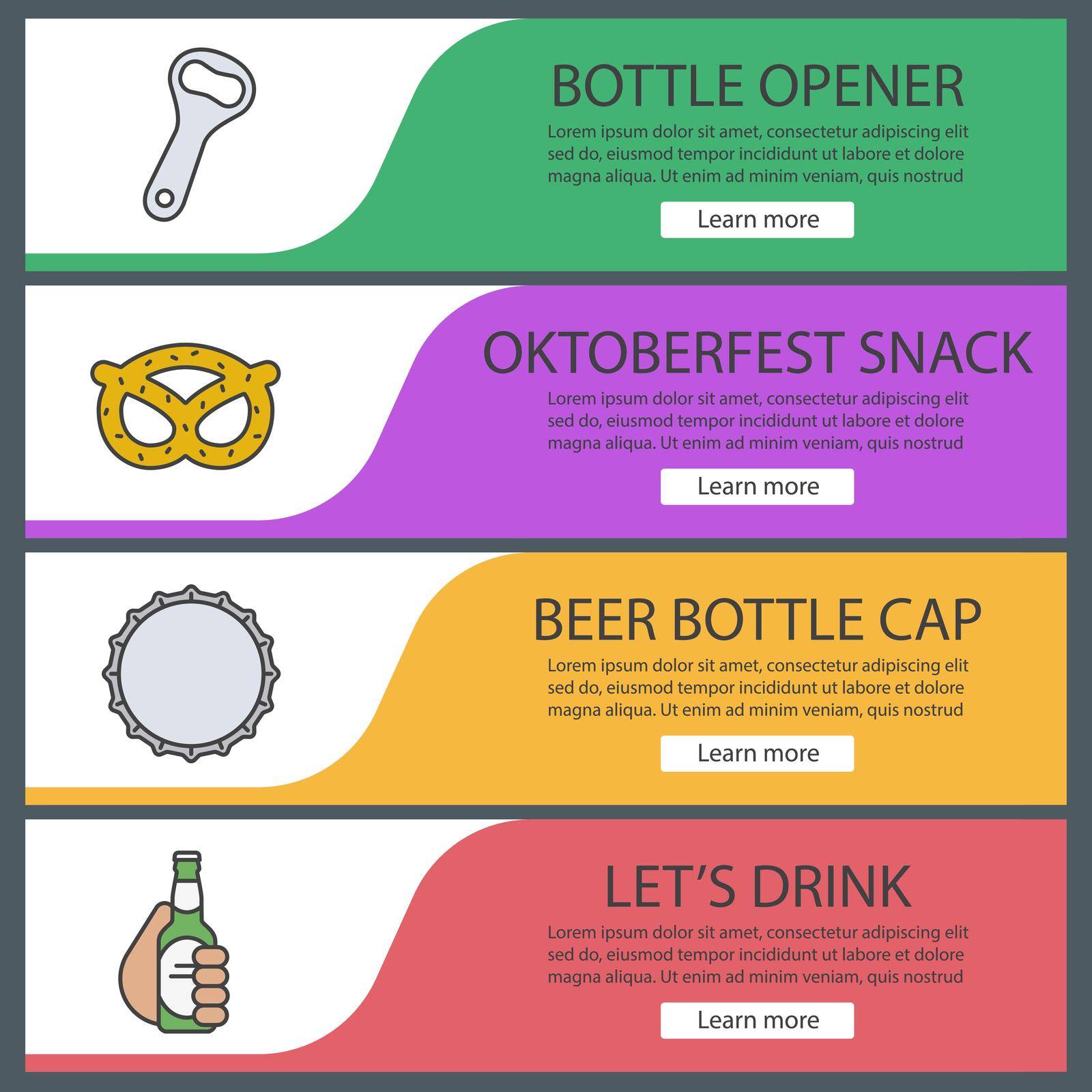 Beer banner templates set. Beer bottle opener and cap, brezel, hand holding beer bottle. Website menu items. Color web banner. Vector headers design concepts