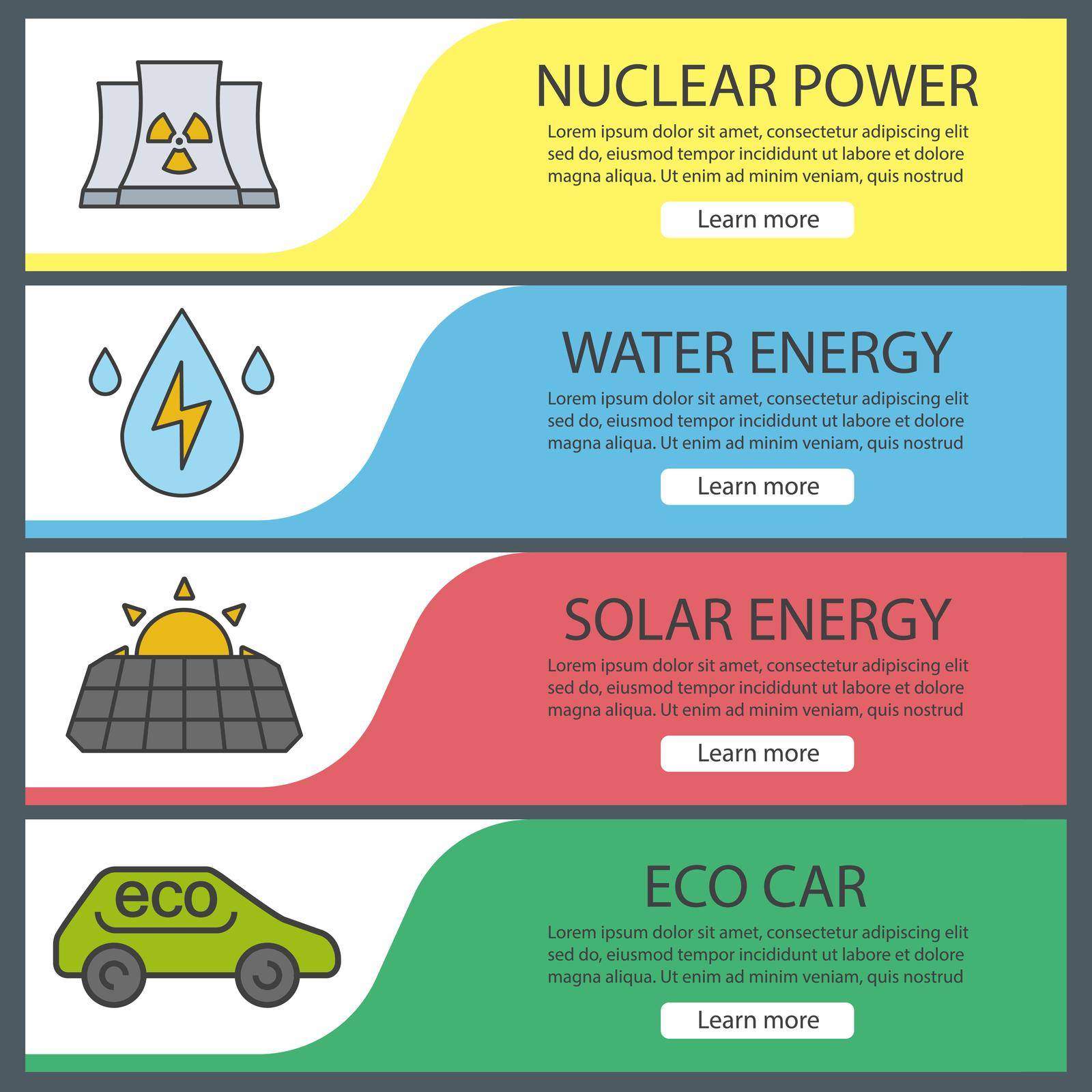Ecology banner templates set. Easy to edit. Nuclear power plant, water energy, solar panel, eco car. Website menu items. Color web banner. Vector headers design concepts