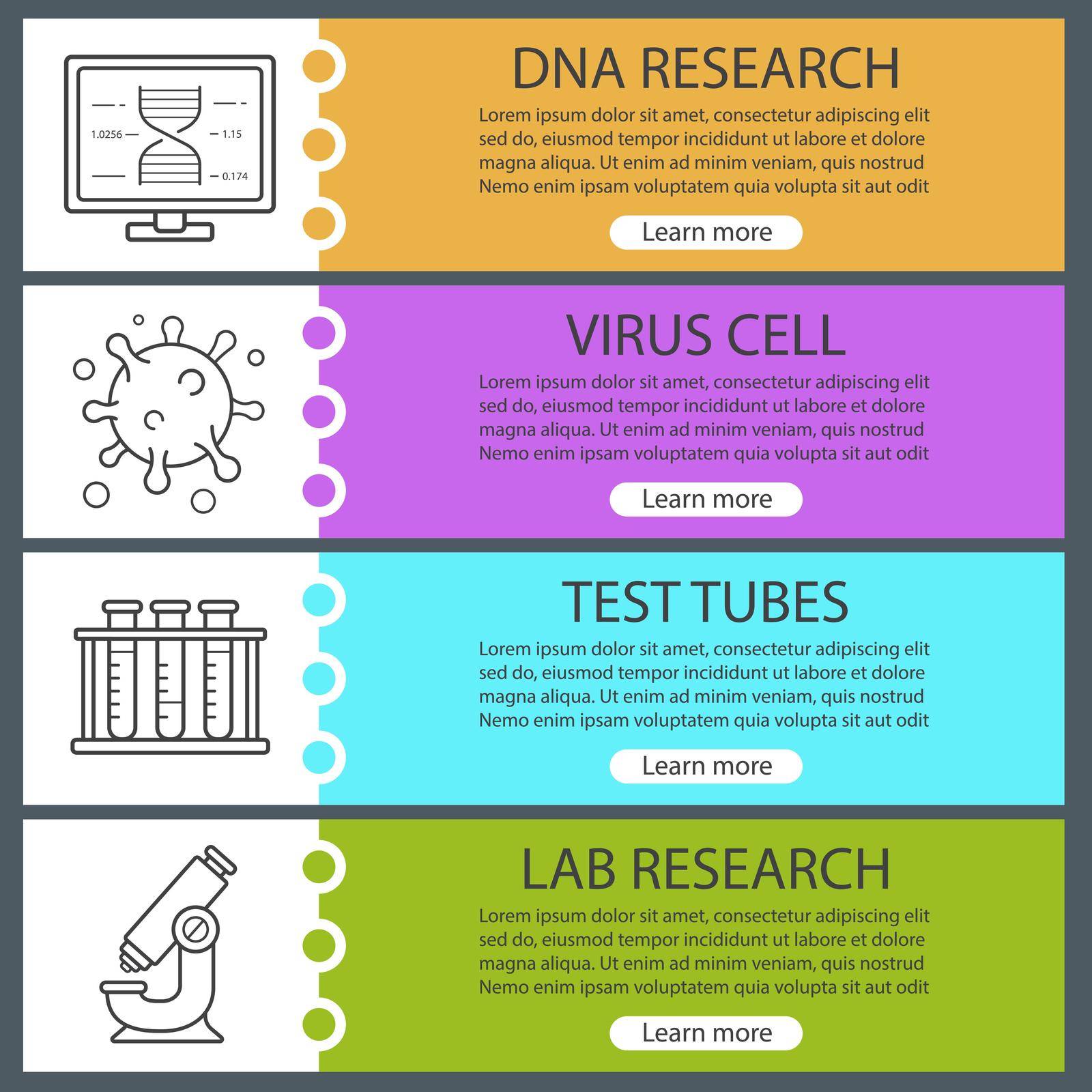 Bio laboratory banner templates set. Easy to edit. Virus cell, lab test tubes, microscope, dna research. Website menu items. Color web banner. Vector headers design concepts