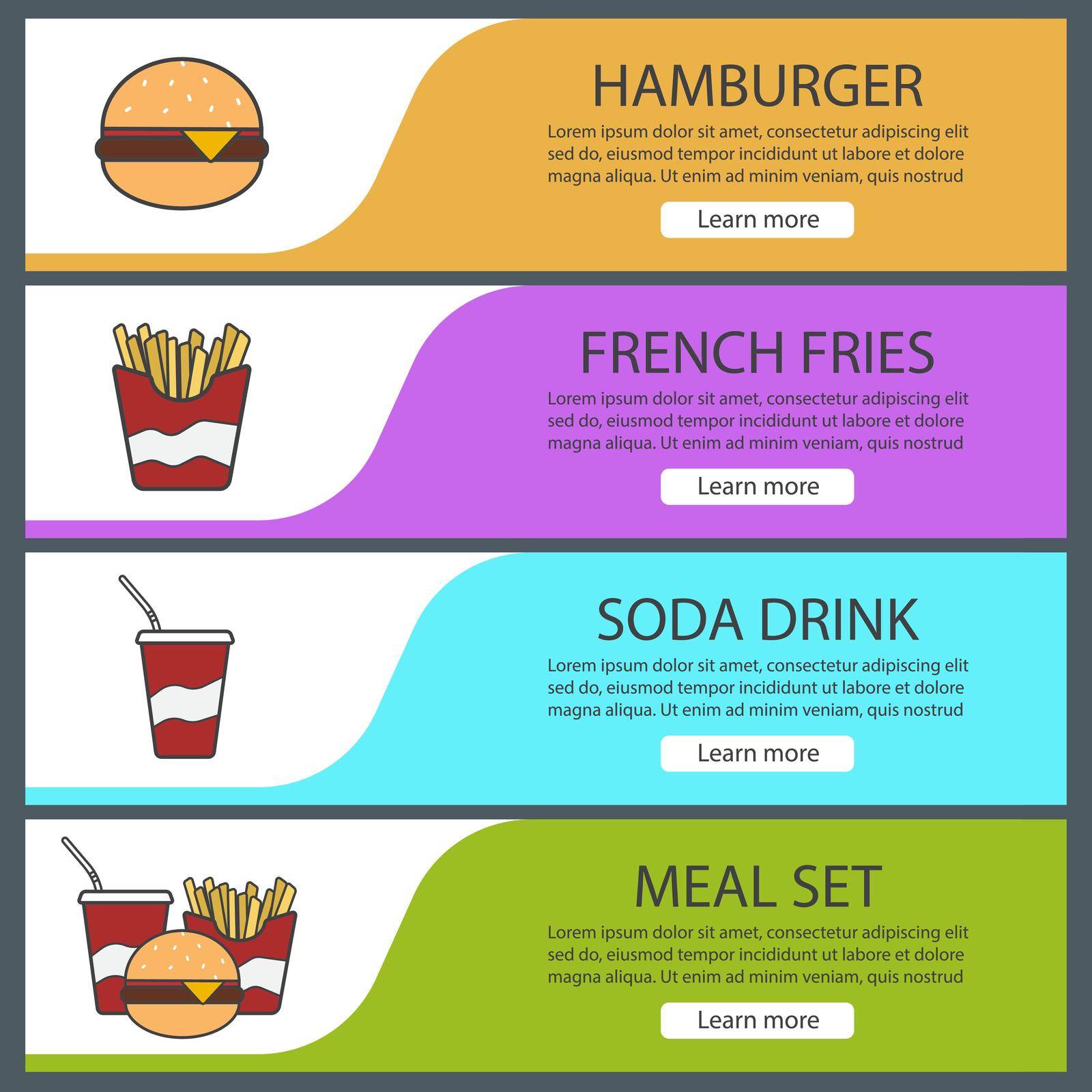 Fastfood banner templates set. Easy to edit. Hamburger, french fries, soda drink, fast food meal set. Website menu items. Color web banner. Vector headers design concepts