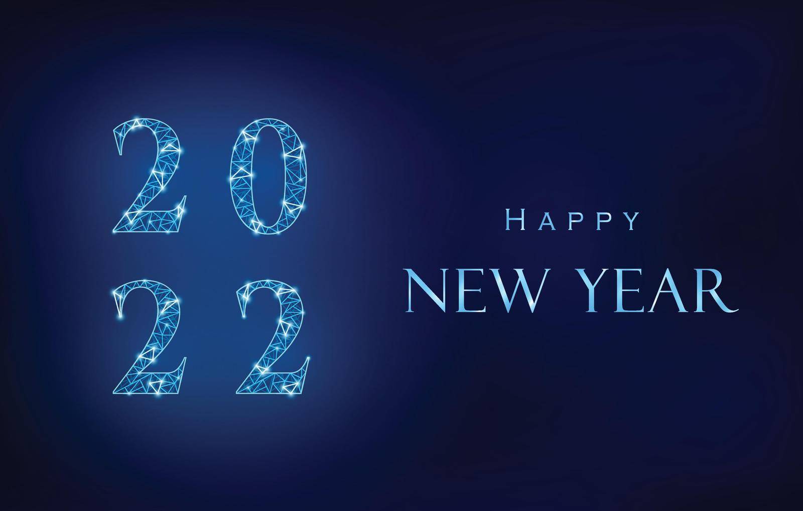 Blue Happy New Year design. 2022 from polygonal mesh with light points. Next to it shiny metallic effect greeting text.