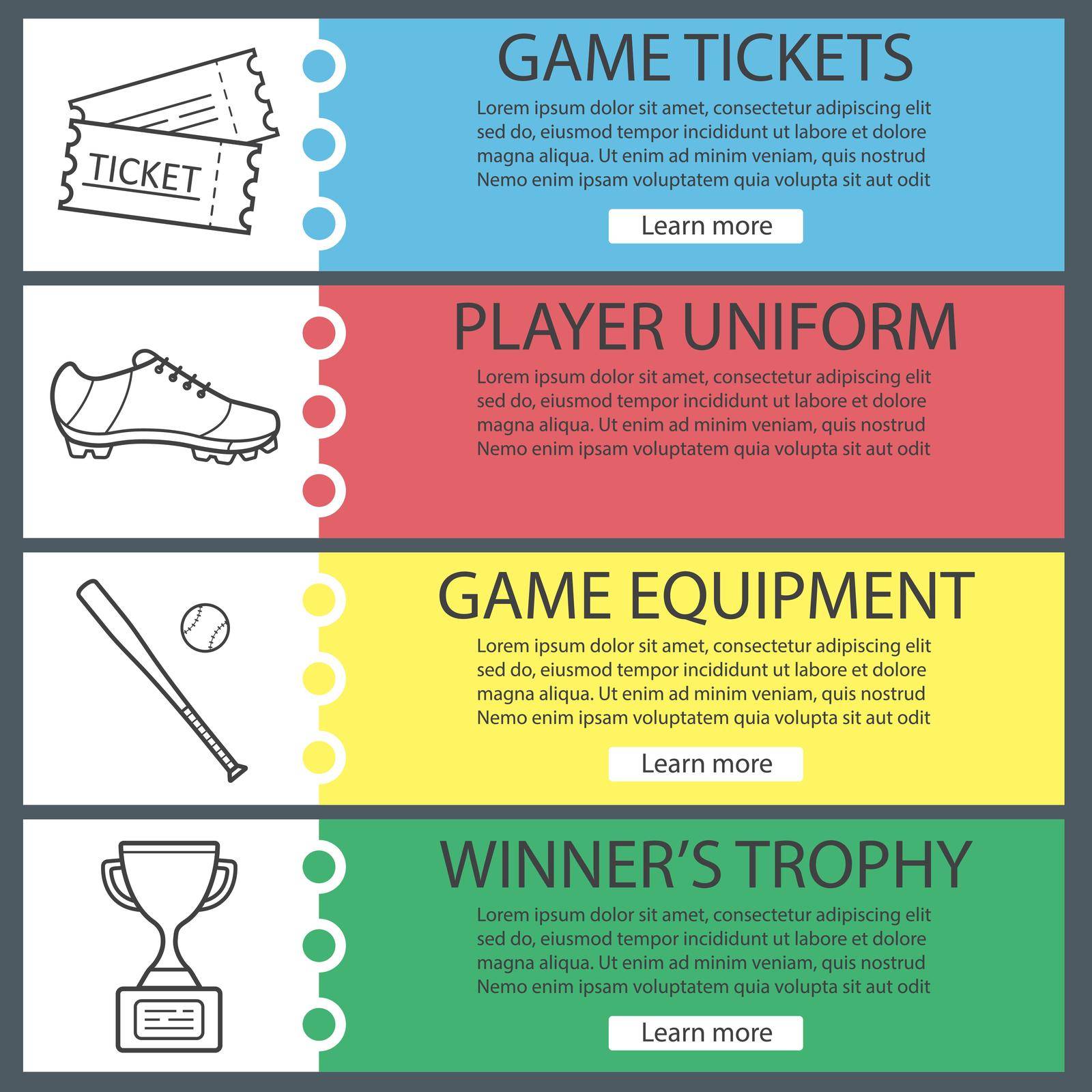 Baseball banner templates set. Softball bat and ball, winner's award, player's shoe, game tickets. Website menu items with linear icons. Color web banner. Vector headers design concepts