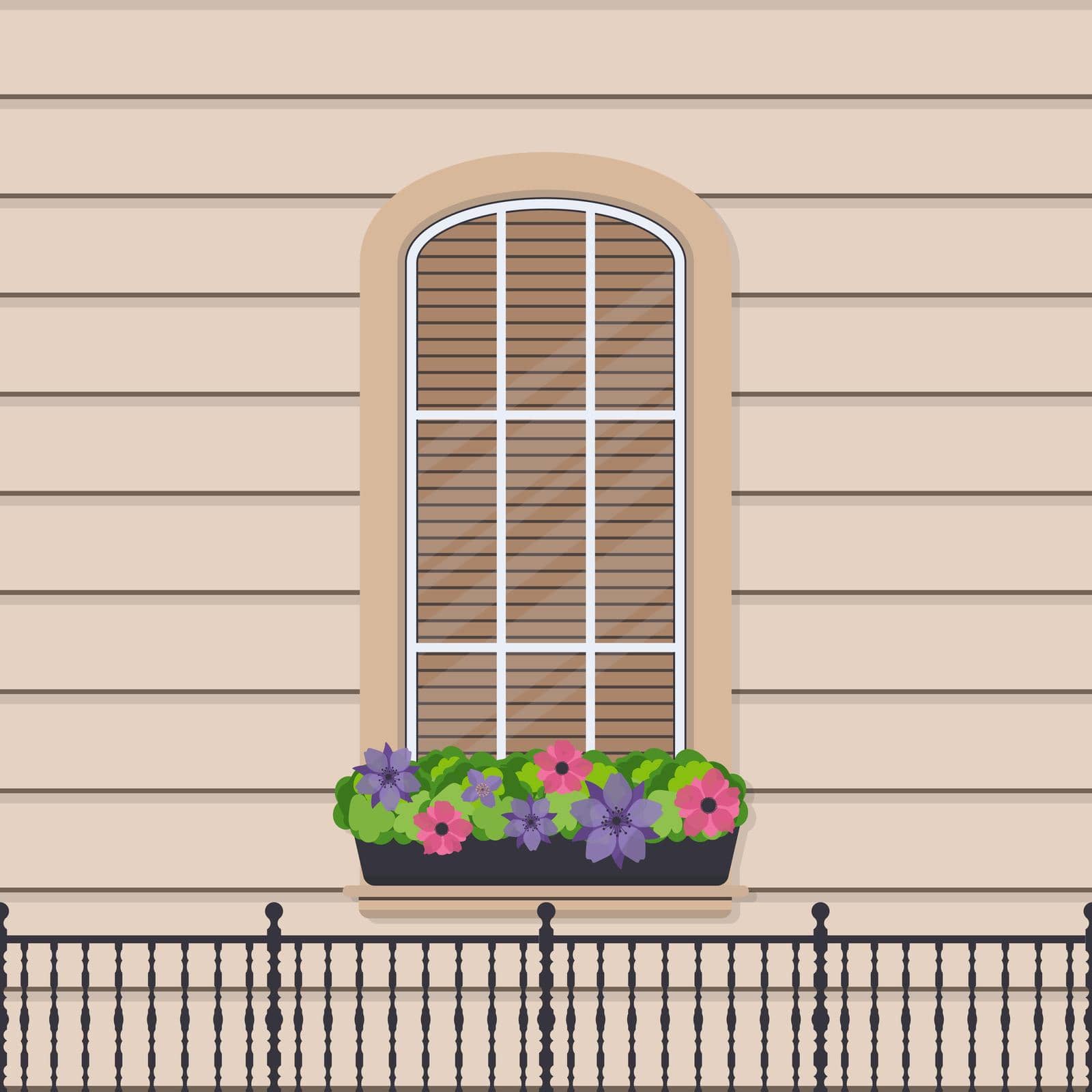 Semicircular window with flowers in a flat style. Window with shutters. Vector.