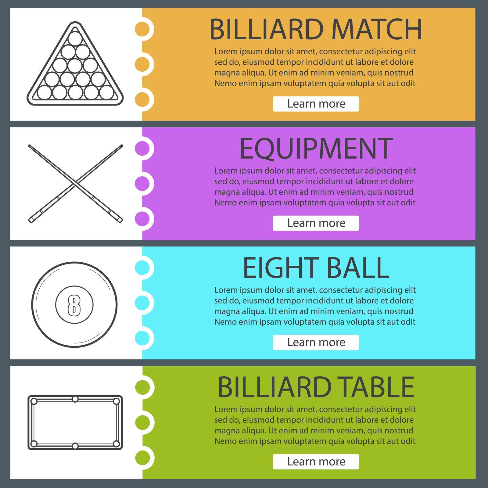 Billiard banner templates set. Easy to edit. Snooker ball rack, crossed cues, table, eight ball. Color website menu items with linear icons. Vector headers design concepts