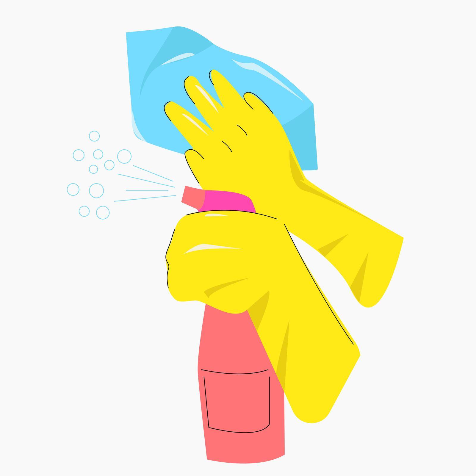 Hands in yellow gloves and with a spray bottle and a cloth. Illustration of washing windows or cleaning other surfaces with a liquid