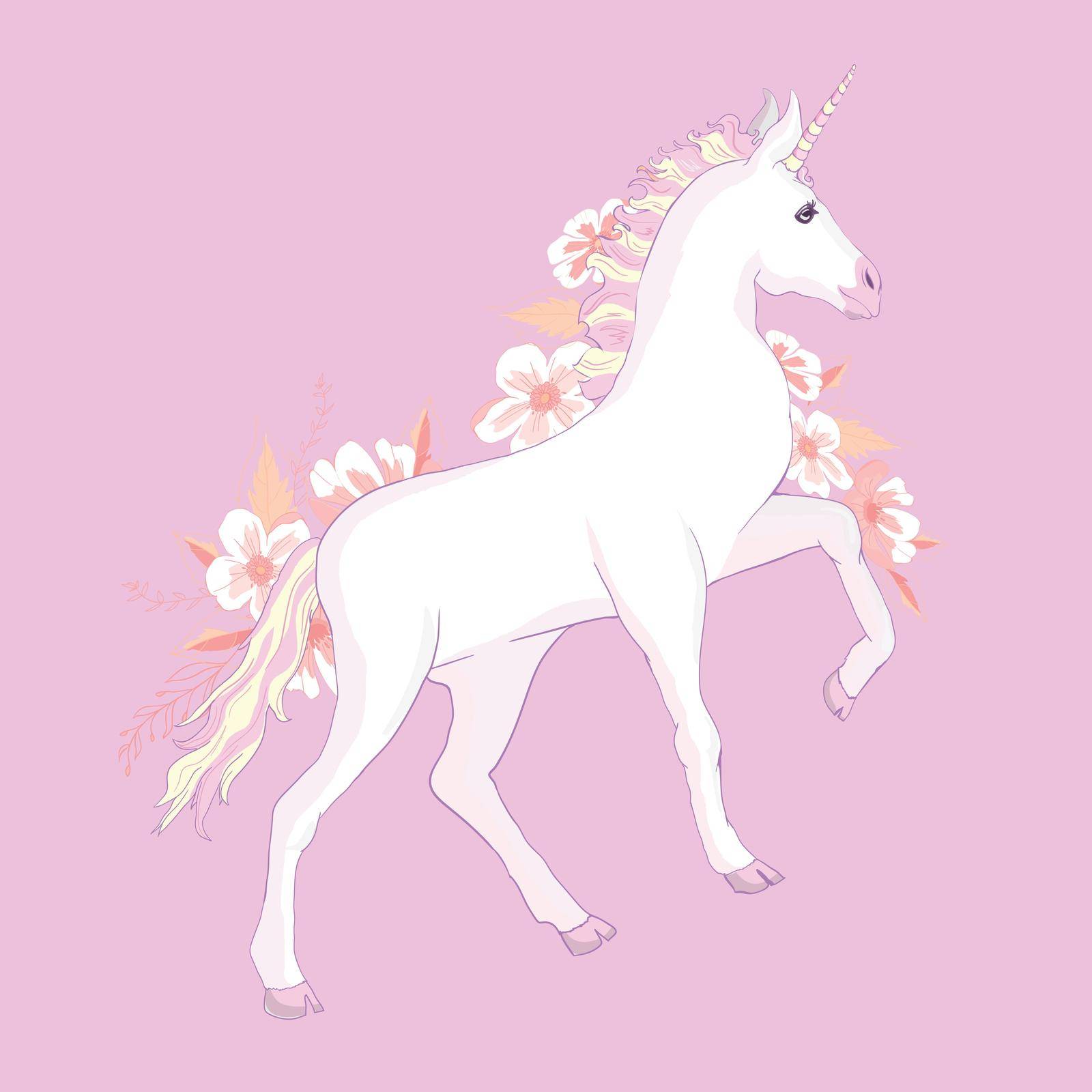 unicorn vector head with mane and horn on floral background.