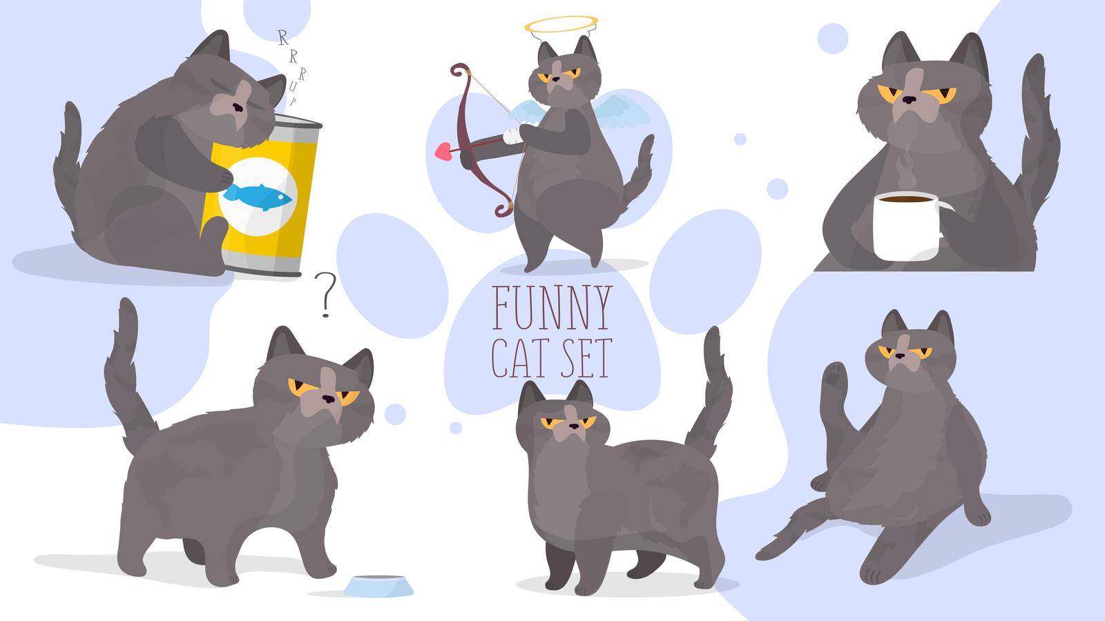 Funny cats big vector set. Set of funny stickers with cat. Good for postcards, t-shirts, positive themes. by Javvani
