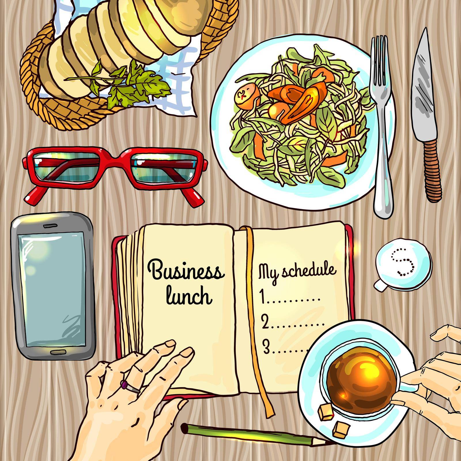 Beautiful hand drawn illustration business lunch top view
