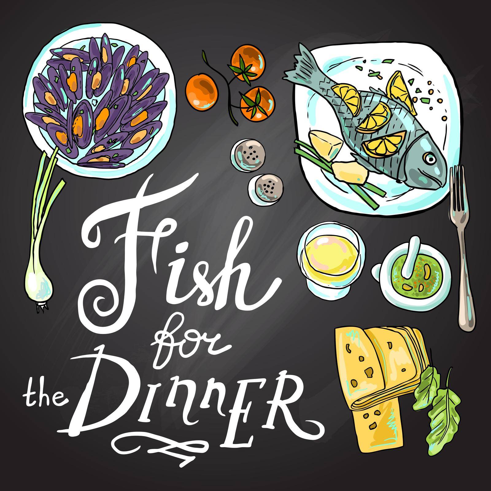 Hand drawn illustration fish for the dinner on the chalkboard