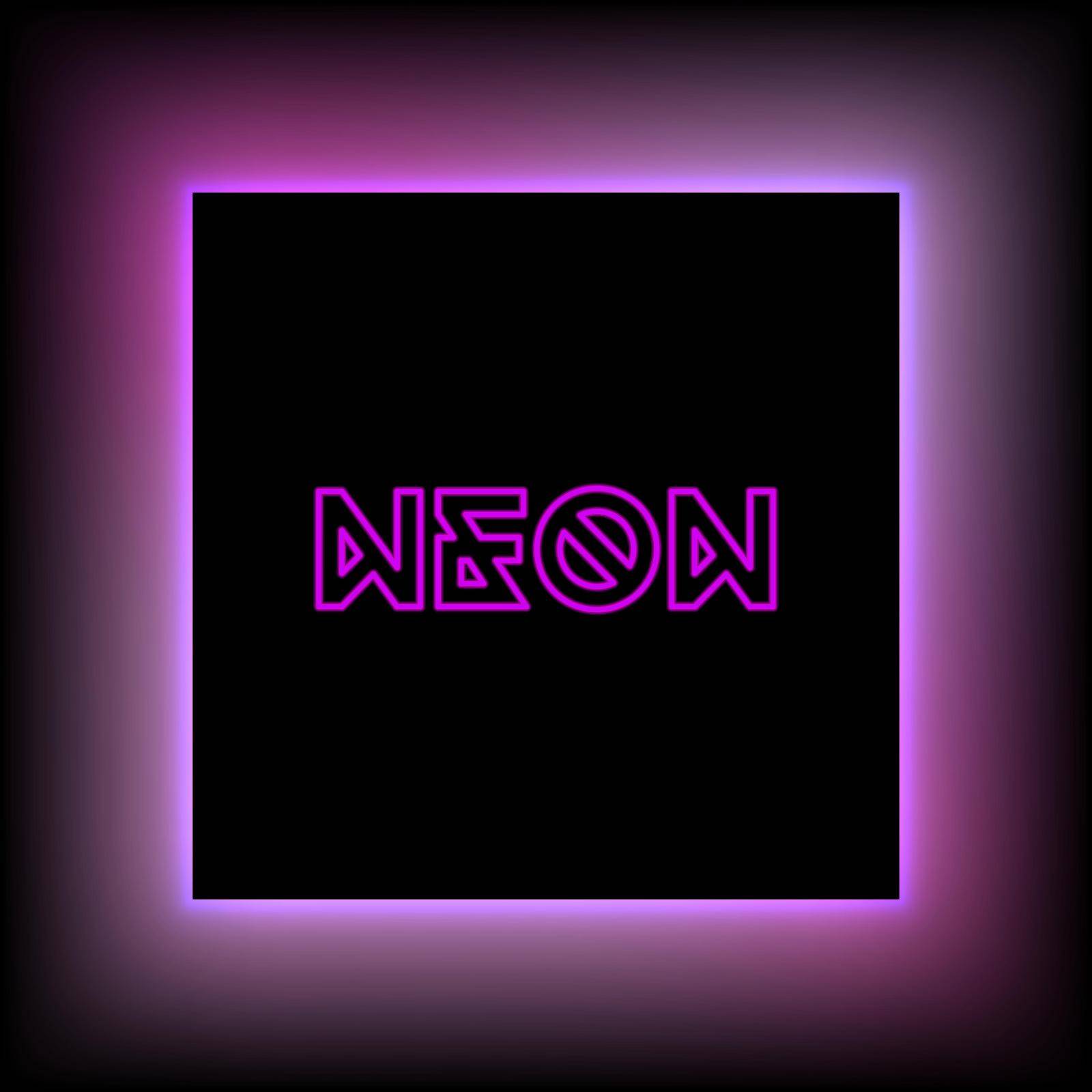 Neon background with black square in the center and text. Shiny violet neon light frame. Vector design template