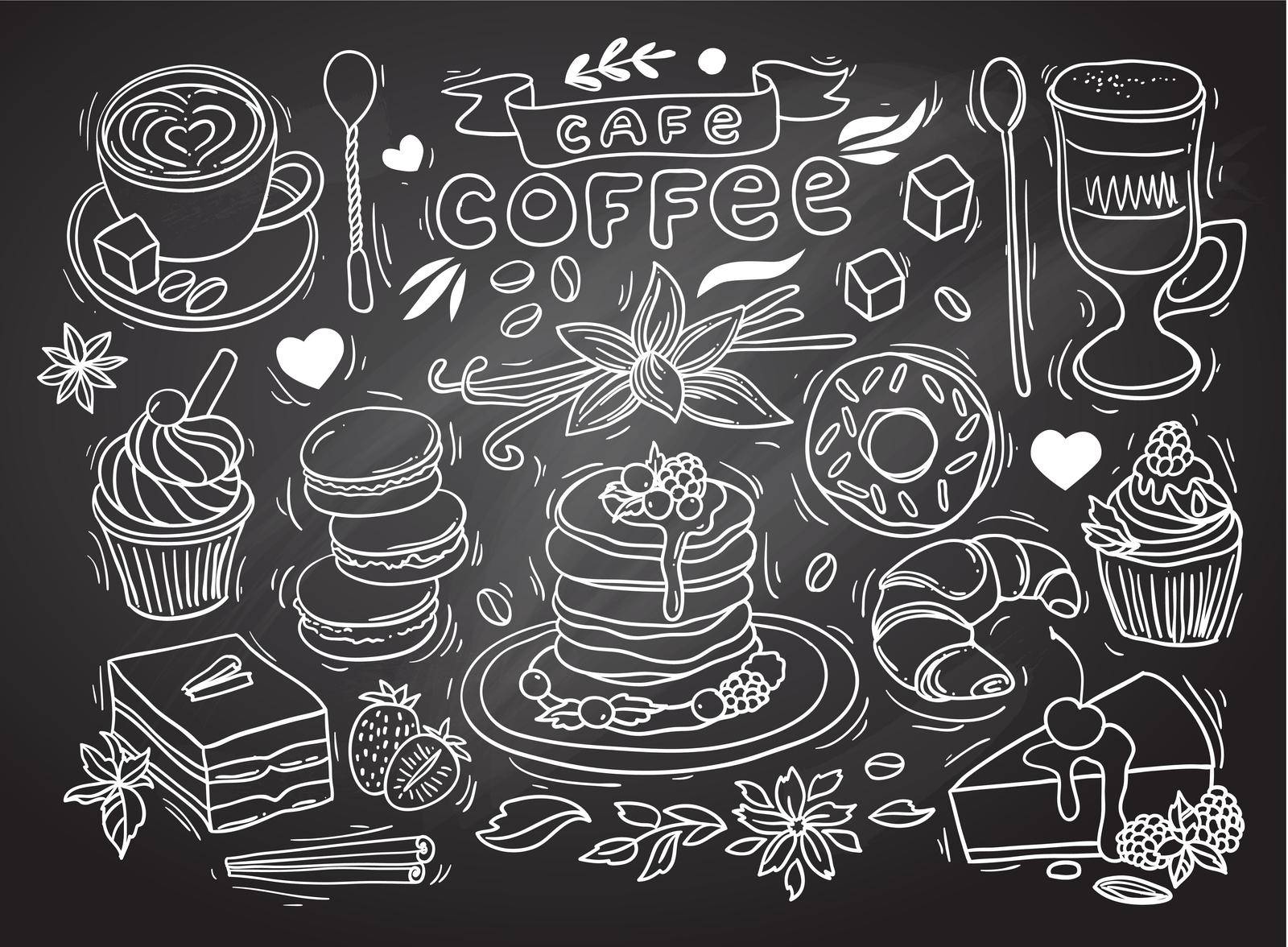 Beautiful hand drawn vector illustration coffee and sweets. Doodle style.