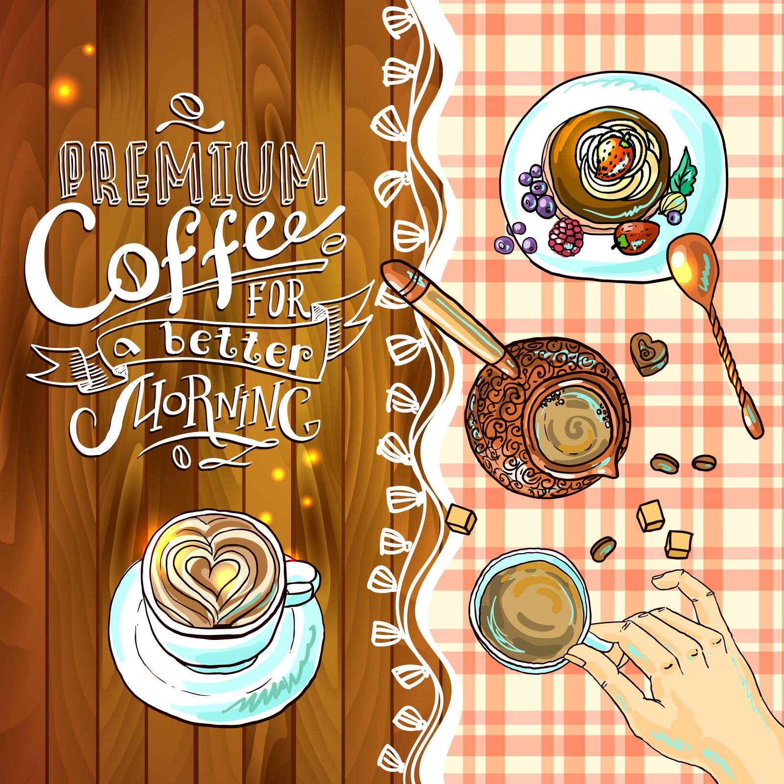 beautiful hand- drawn illustration coffee and cake by steshnikova