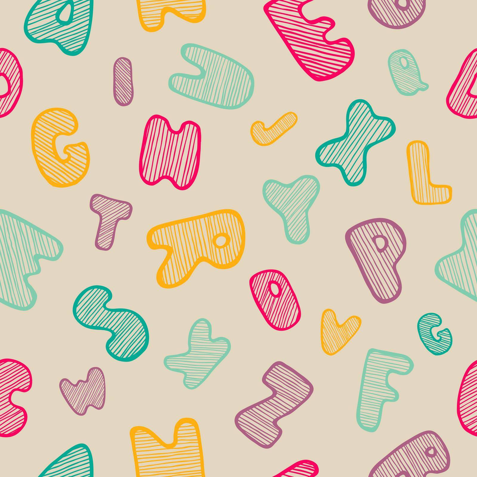 Seamless background with hand drawn doodle alphabet. Colorfull handwriting font. Funny letters. Pattern with striped font in vintage style. Template for design and decoration