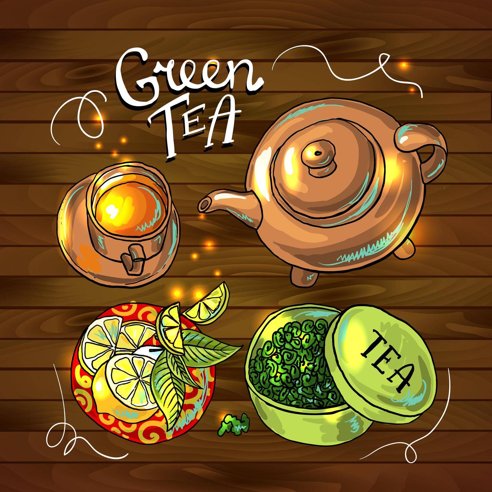 green tea hand- drawn beautiful colorfull set of illustration on the wood background