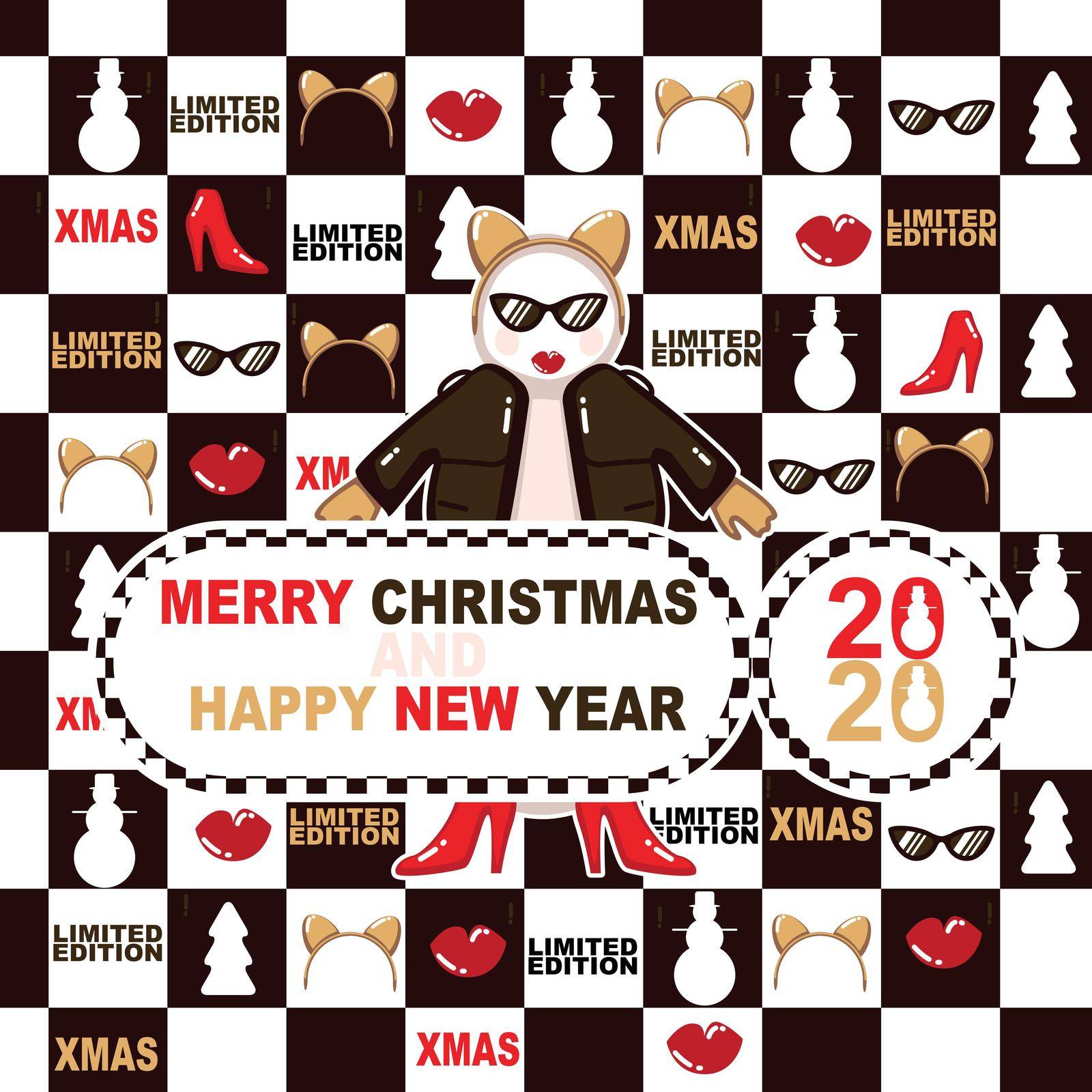 greeting card with Snowman with shoes, jacket, Cat ears ring and Glasses kitty and inscription merry christmas and happy new year 2020