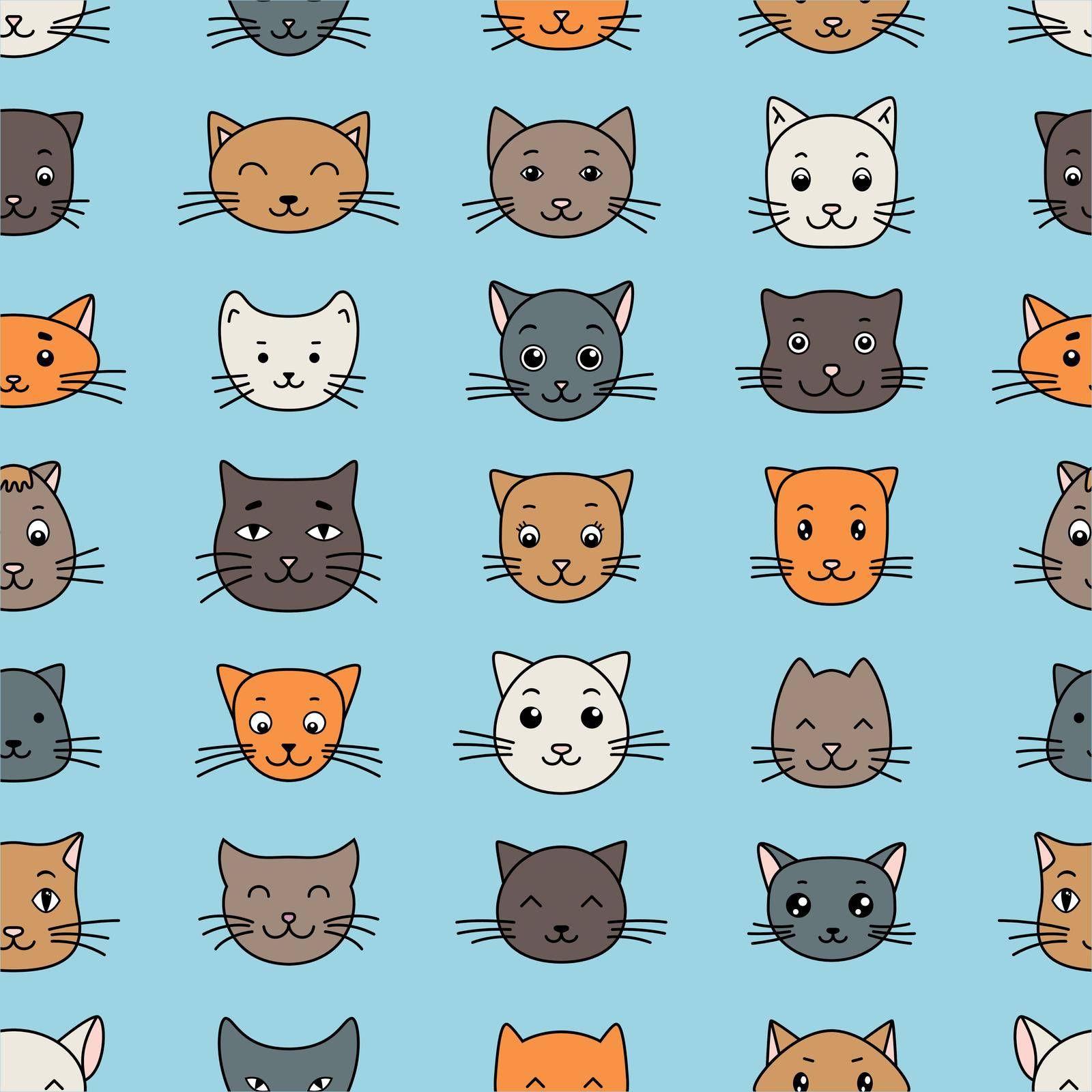 Cute cartoon cat faces seamless pattern. Design sketch element for textile, prints for clothes. Vector illustration.