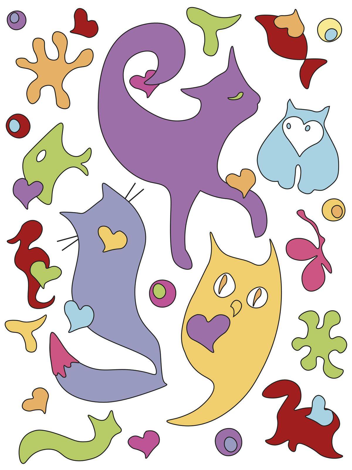 Funny cats, fishes, animal figures. Hand drown doodle style. Seamless pattern for print, fabric, baby dress, design element.