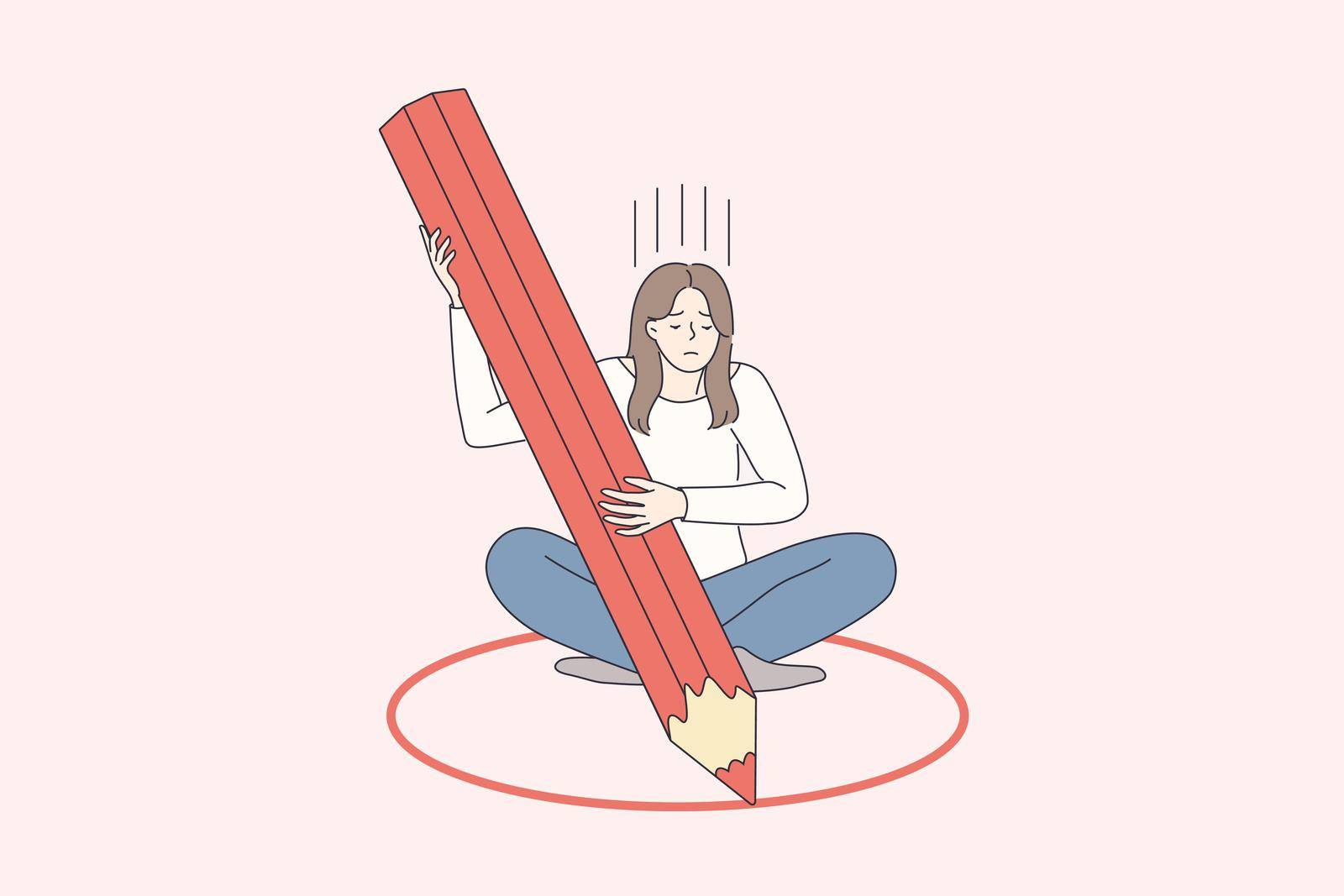 Personal boundaries and loneliness concept. Young frustrated woman cartoon character sitting in small red circle drawing with pencil feeling not free vector illustration