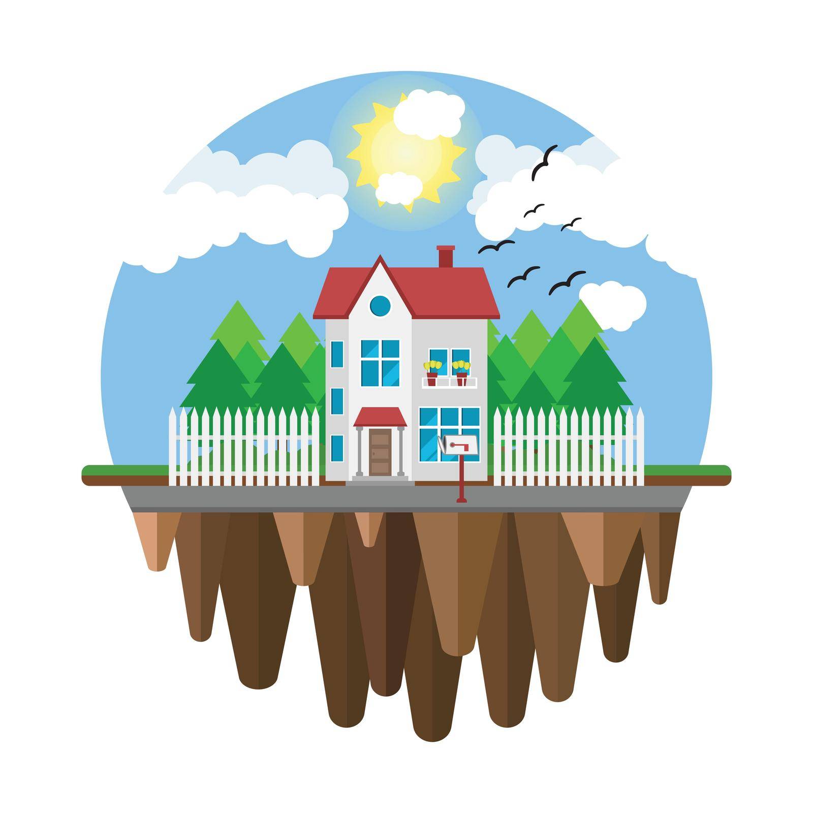 Floating house, flying home. Part of the rural and urban landscape. Vector illustration in flat style.