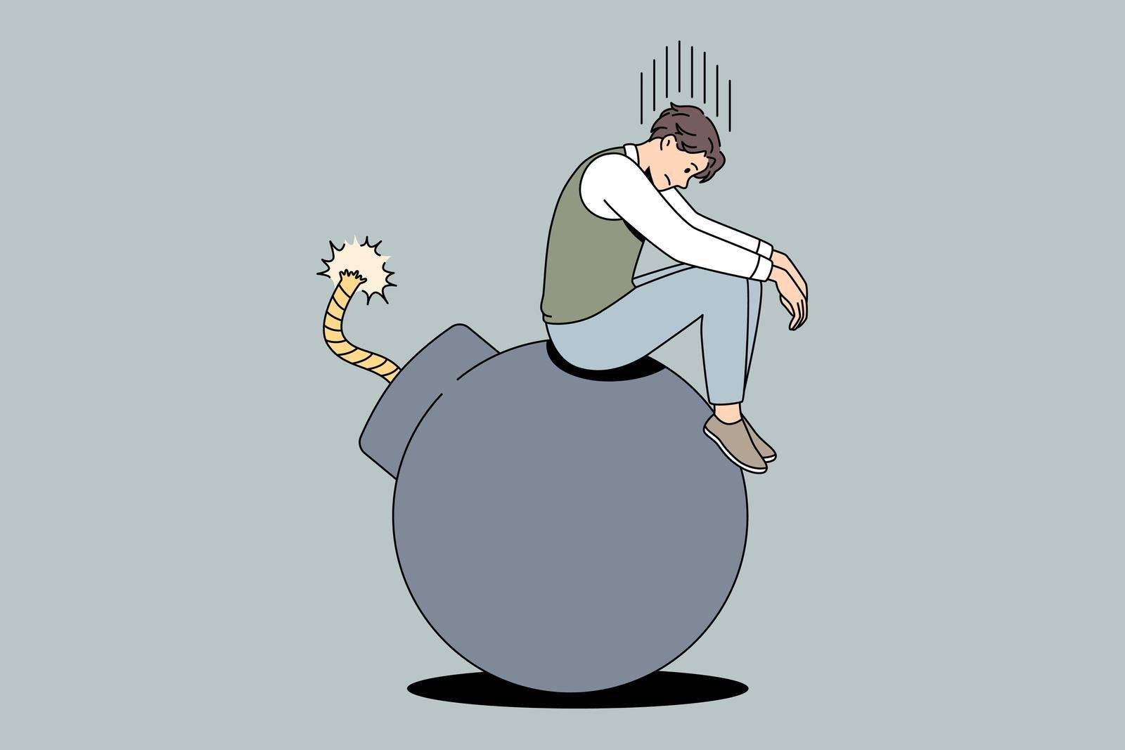 Business danger and crisis concept. Young stressed unhappy businessman sitting on bomb feeling unsafe and despair vector illustration